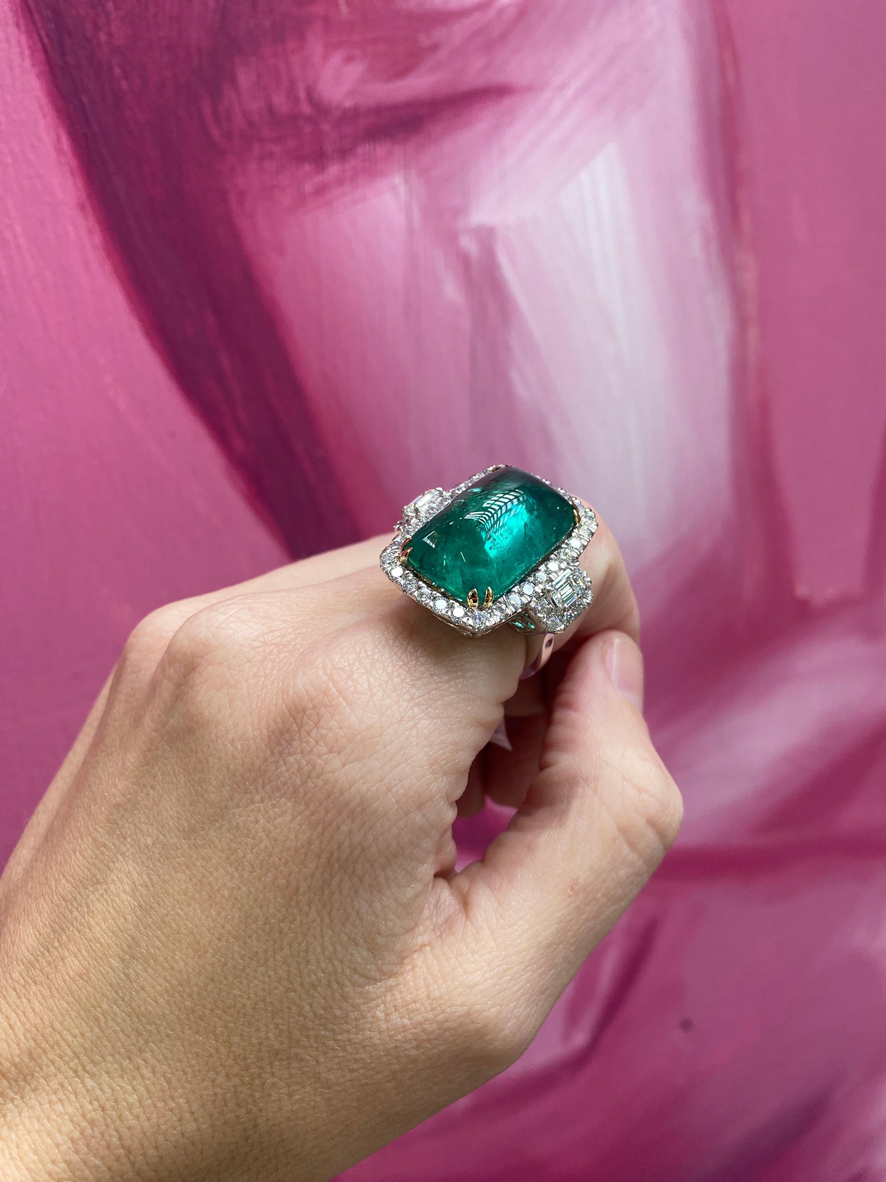 24.32 Carat Cabochon Emerald Cut Emerald & Diamond Cocktail Ring For Sale 9