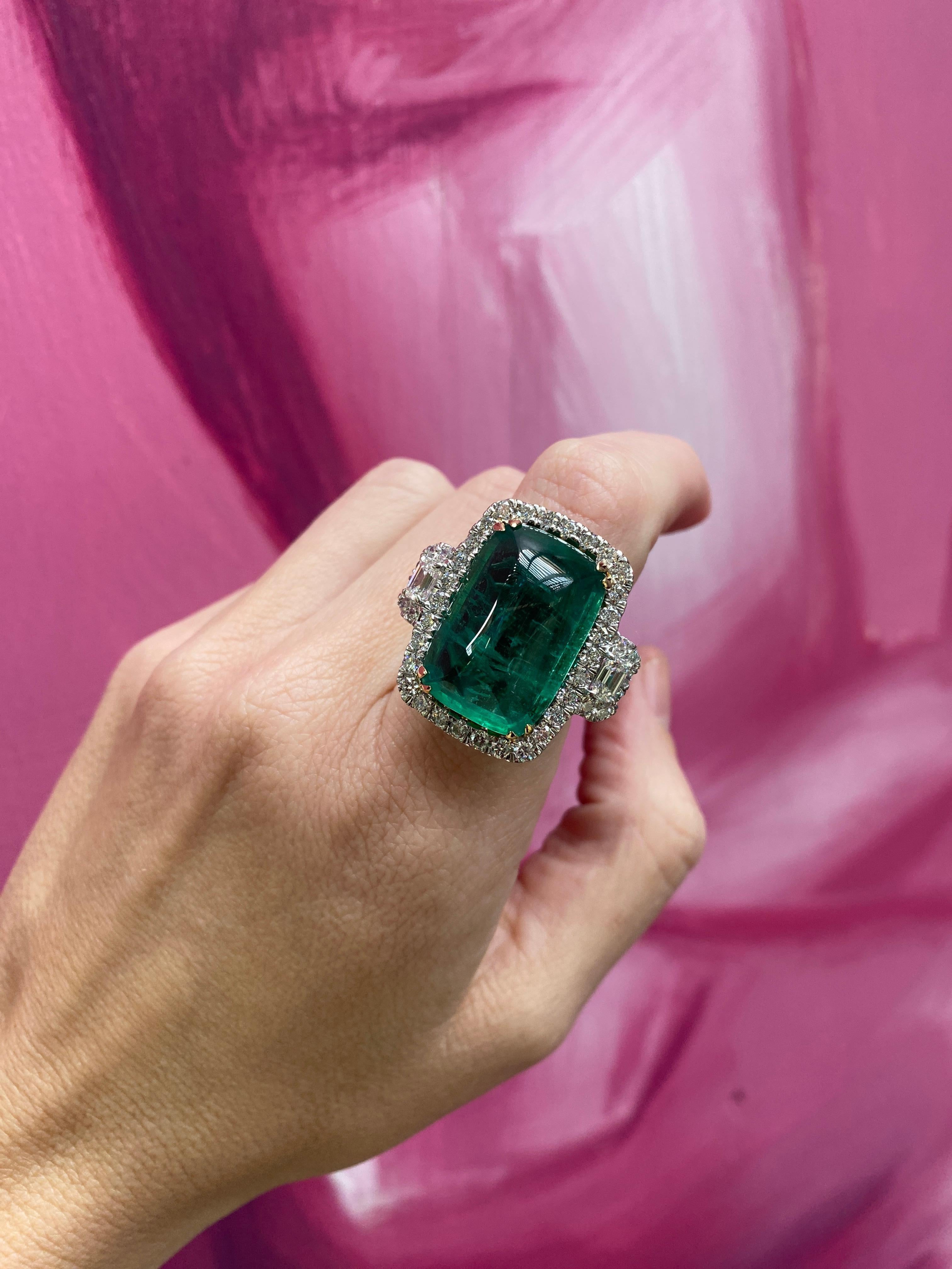 24.32 Carat Cabochon Emerald Cut Emerald & Diamond Cocktail Ring For Sale 10
