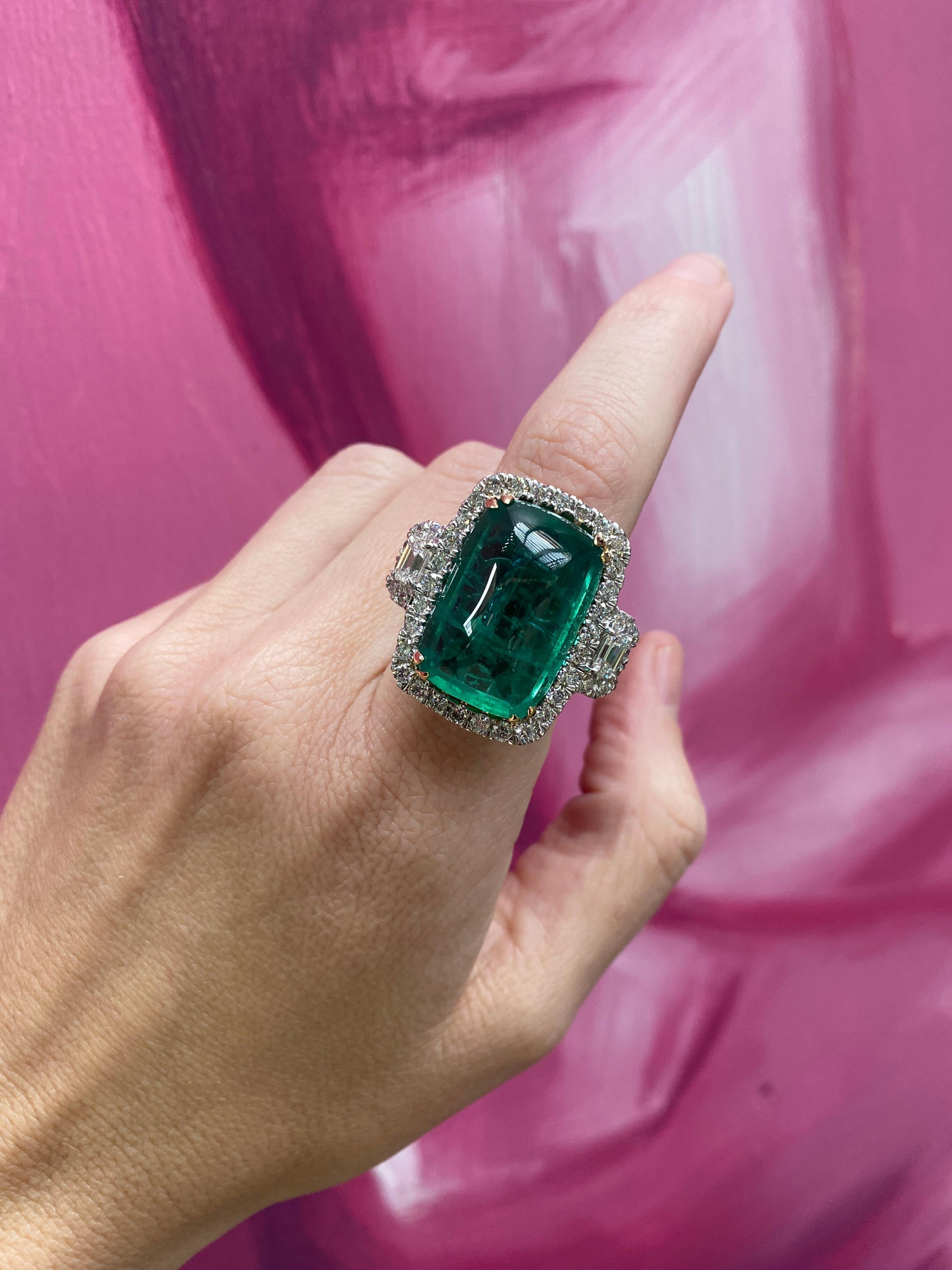 24.32 Carat Cabochon Emerald Cut Emerald & Diamond Cocktail Ring For Sale 11