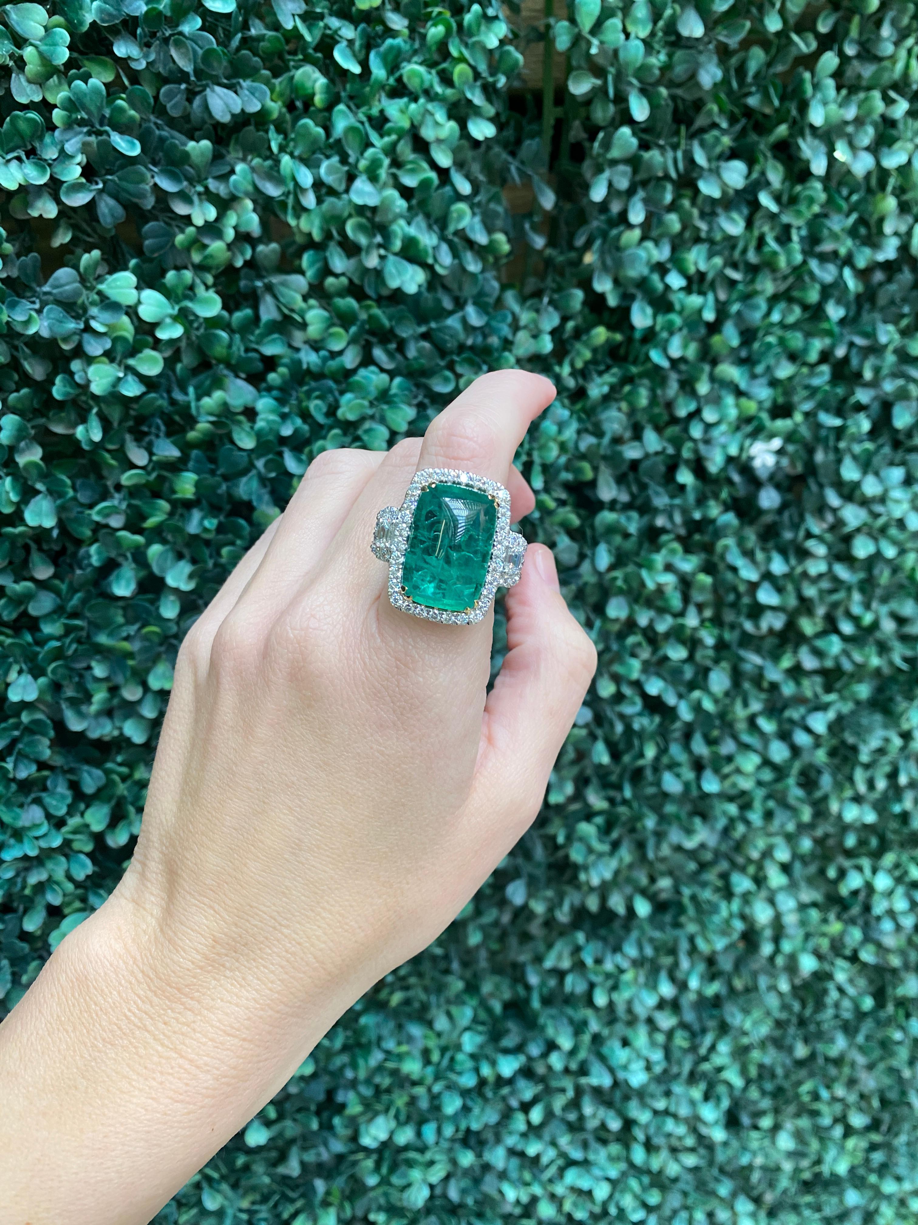 24.32 Carat Cabochon Emerald Cut Emerald & Diamond Cocktail Ring For Sale 12