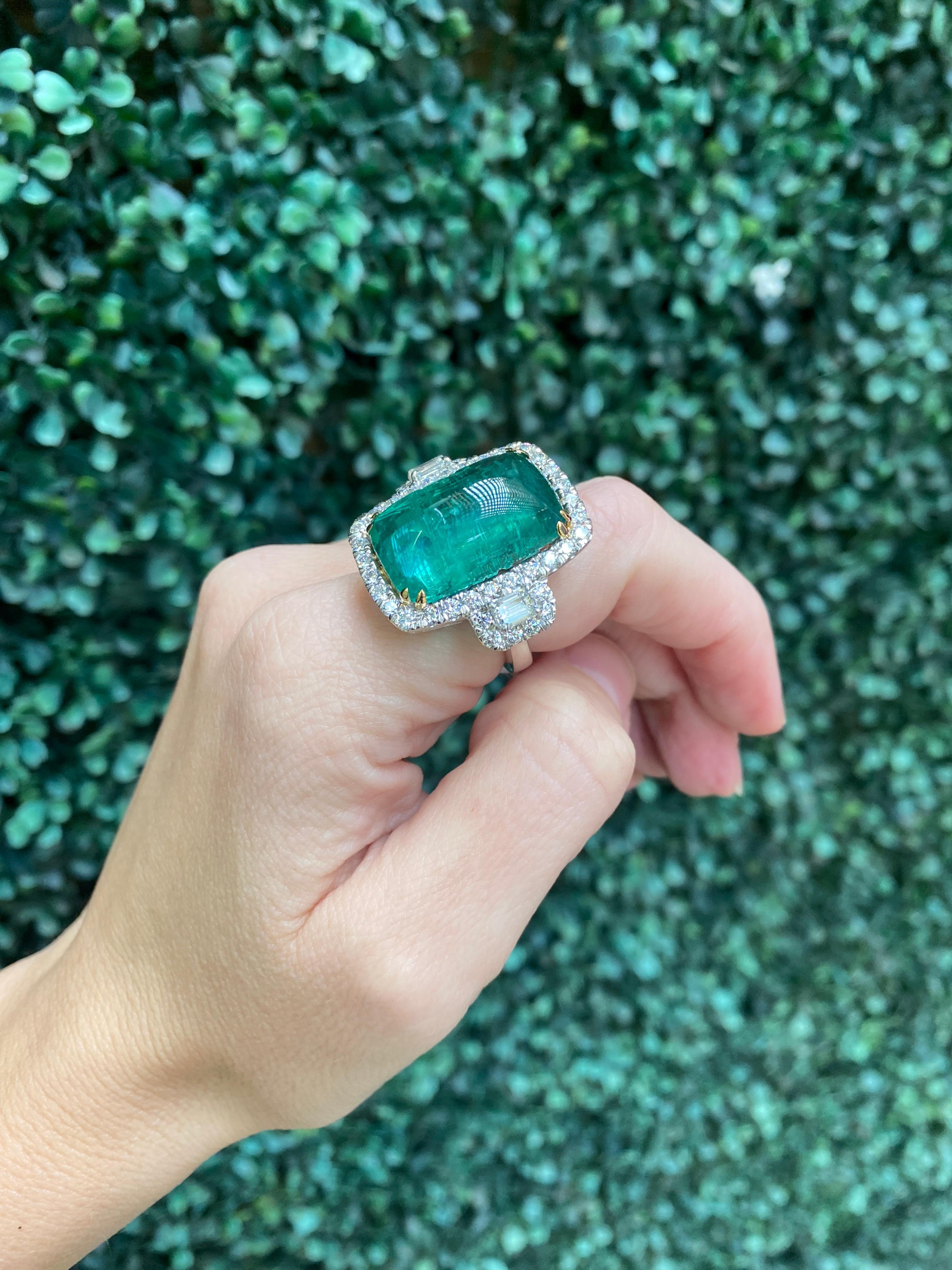 24.32 Carat Cabochon Emerald Cut Emerald & Diamond Cocktail Ring For Sale 13