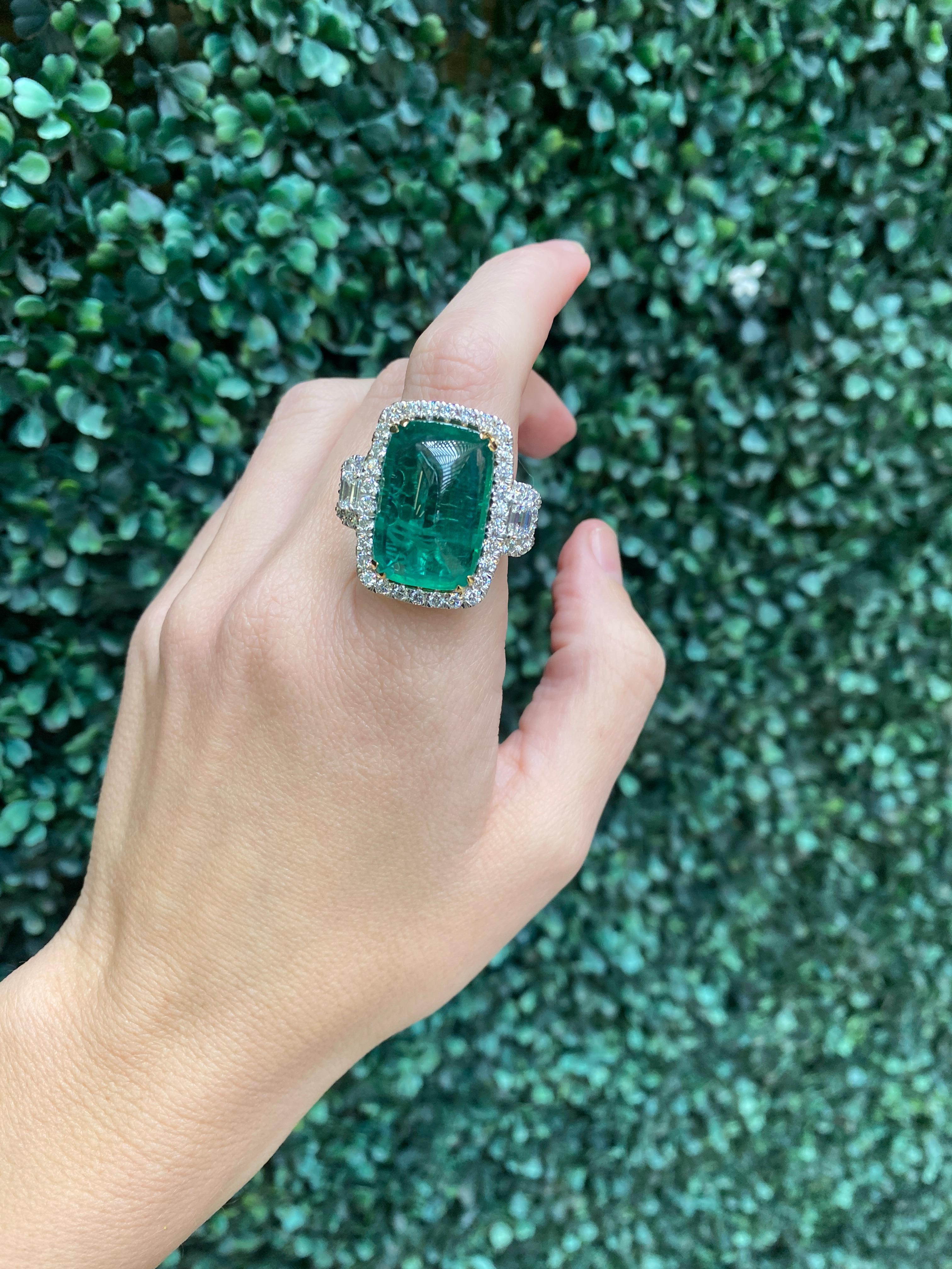 24.32 Carat Cabochon Emerald Cut Emerald & Diamond Cocktail Ring For Sale 14