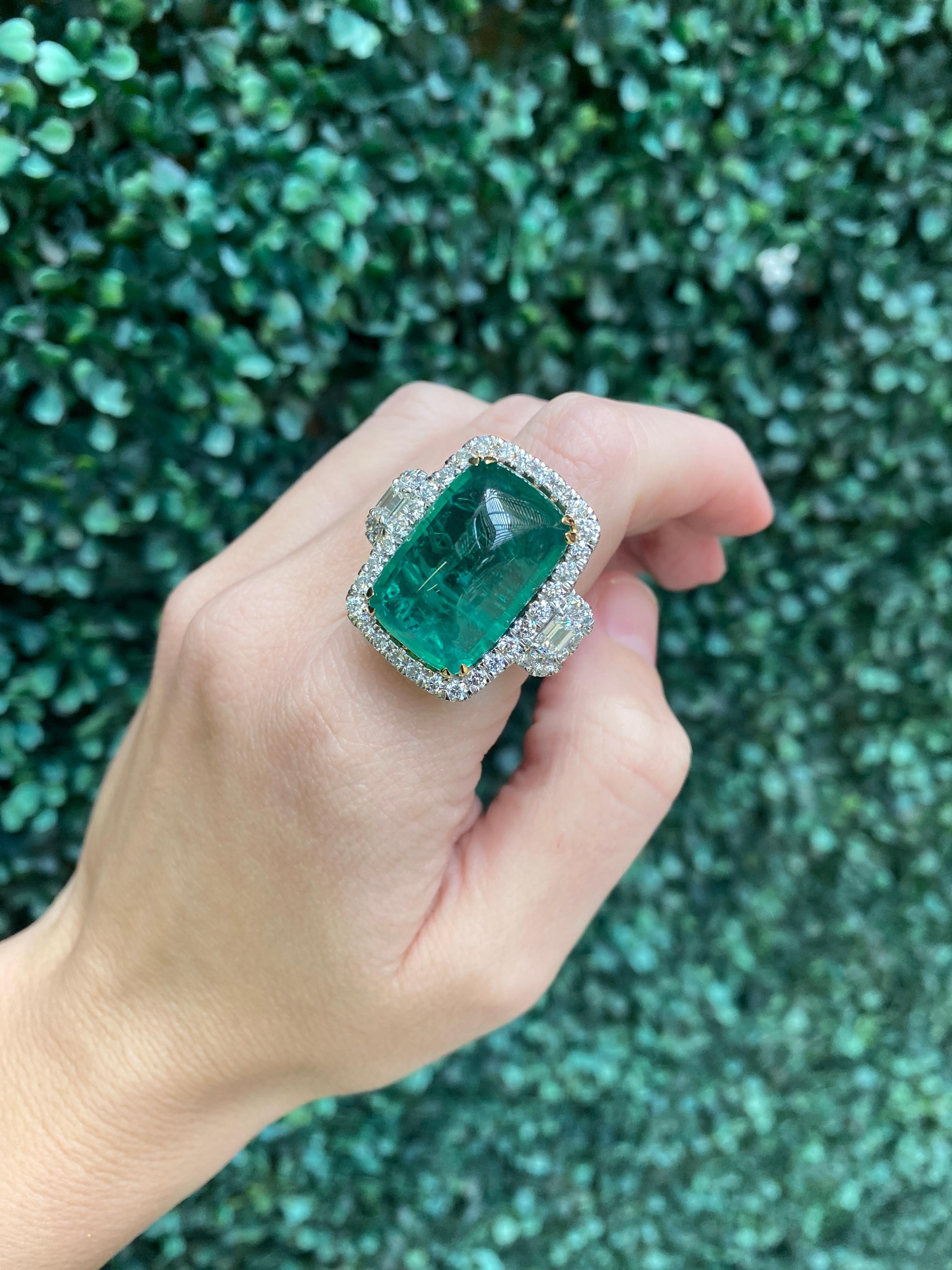 24.32 Carat Cabochon Emerald Cut Emerald & Diamond Cocktail Ring For Sale 15