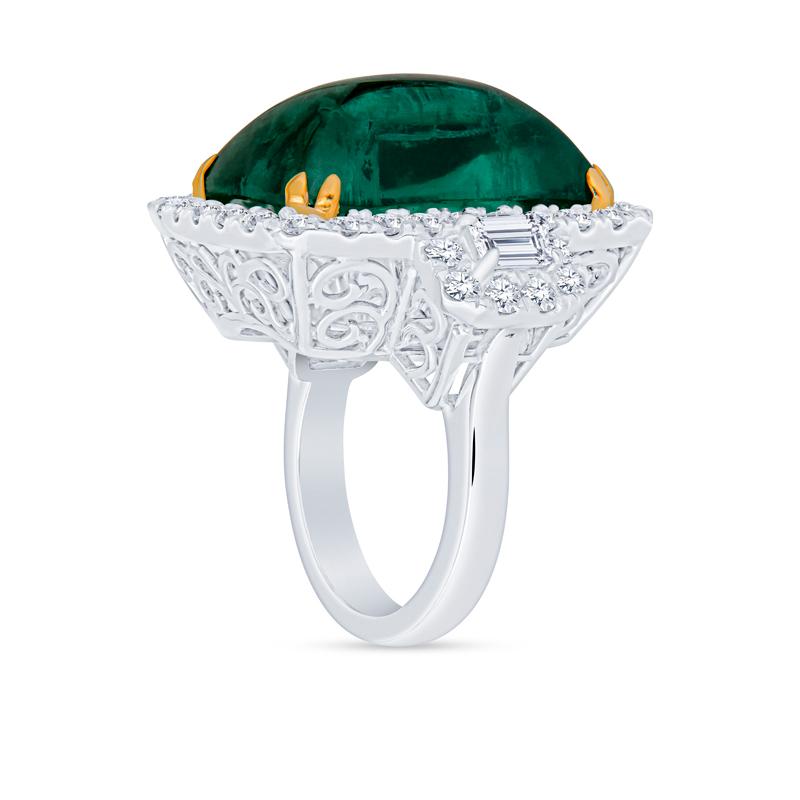 24.32 Carat Cabochon Emerald Cut Emerald & Diamond Cocktail Ring In New Condition For Sale In Houston, TX