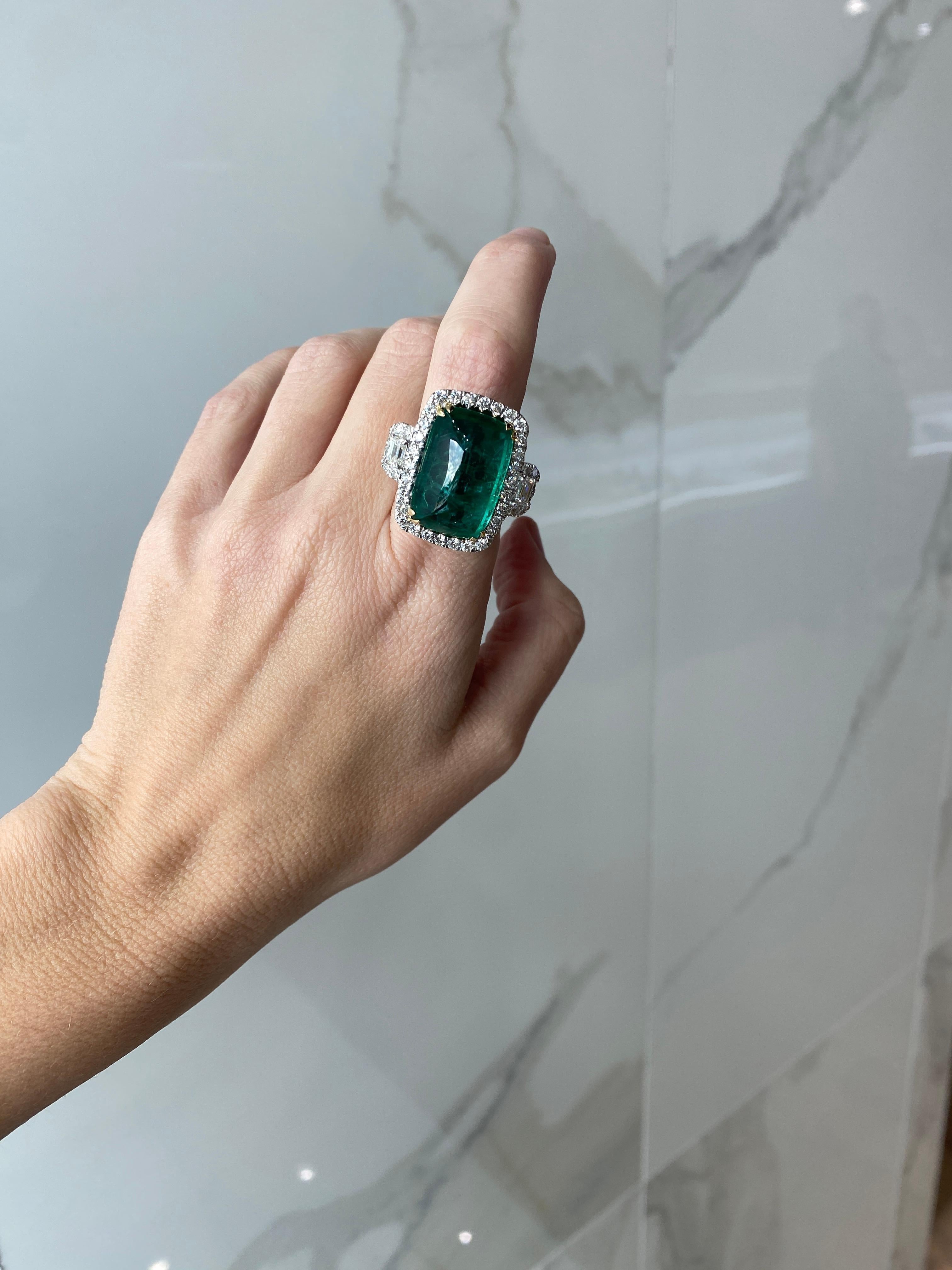 Women's or Men's 24.32 Carat Cabochon Emerald Cut Emerald & Diamond Cocktail Ring For Sale