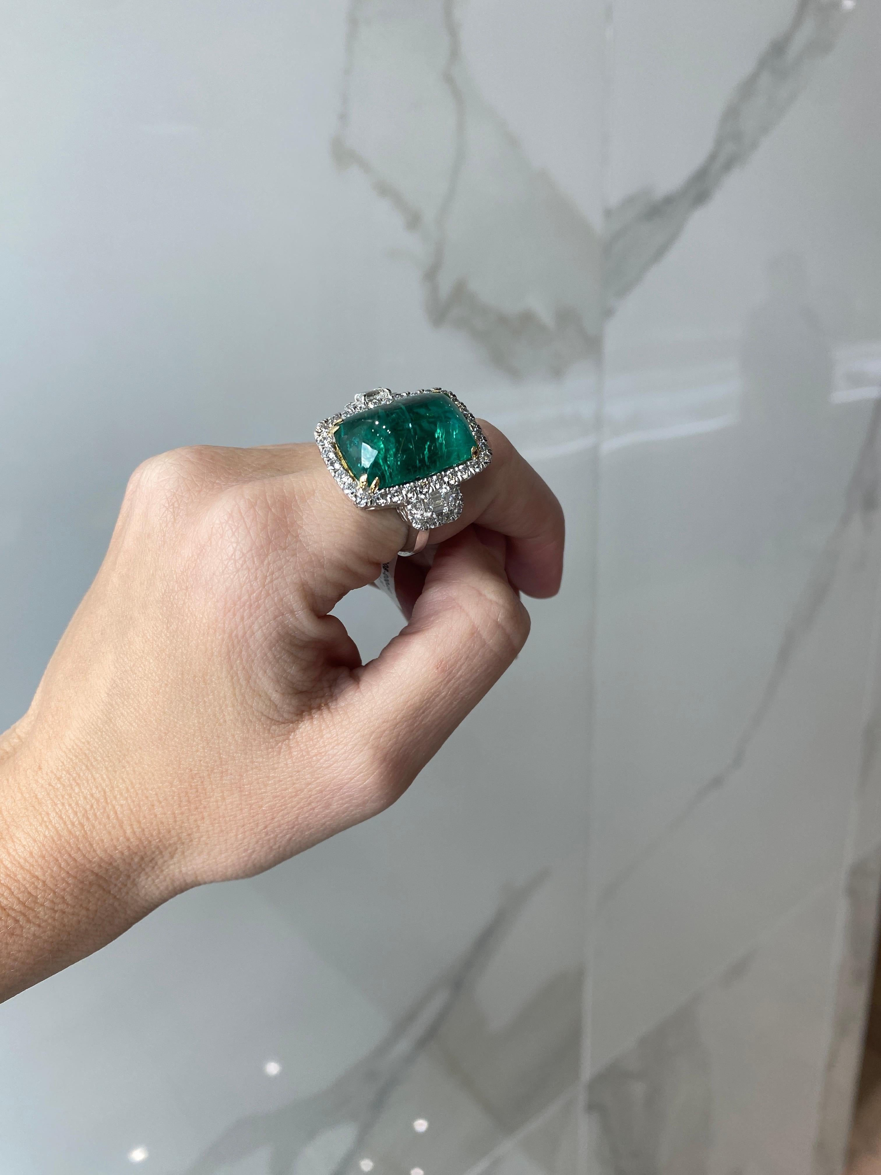 24.32 Carat Cabochon Emerald Cut Emerald & Diamond Cocktail Ring For Sale 2