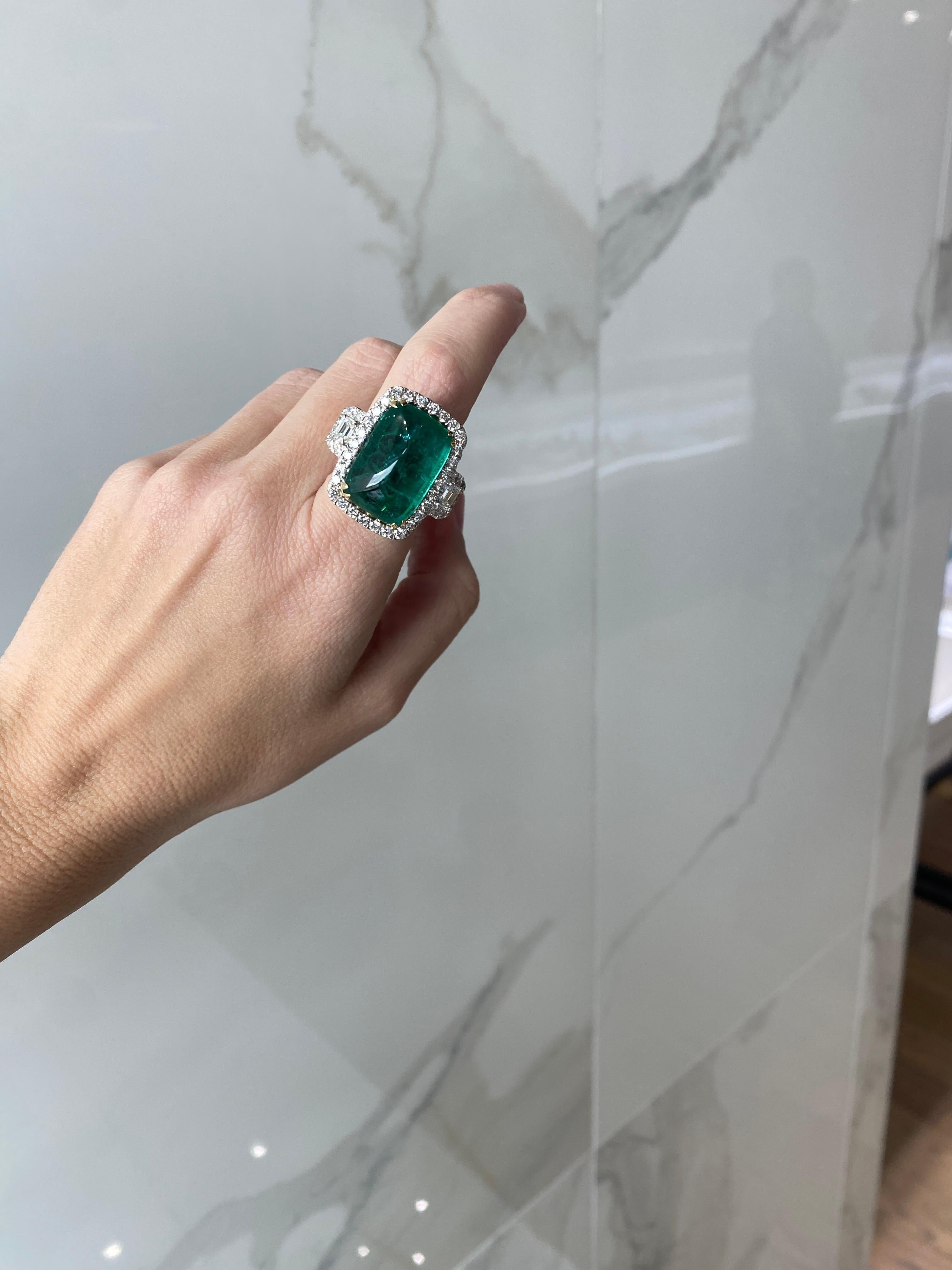 24.32 Carat Cabochon Emerald Cut Emerald & Diamond Cocktail Ring For Sale 3