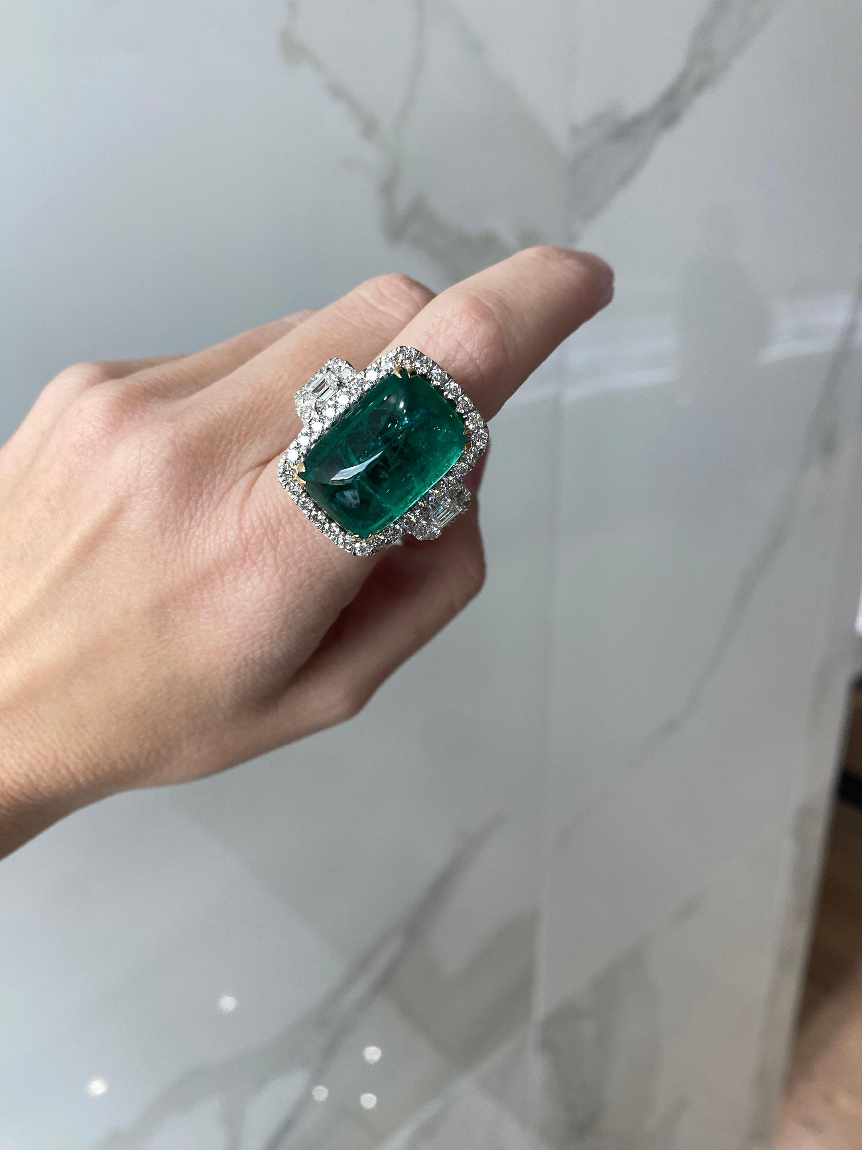 24.32 Carat Cabochon Emerald Cut Emerald & Diamond Cocktail Ring For Sale 4