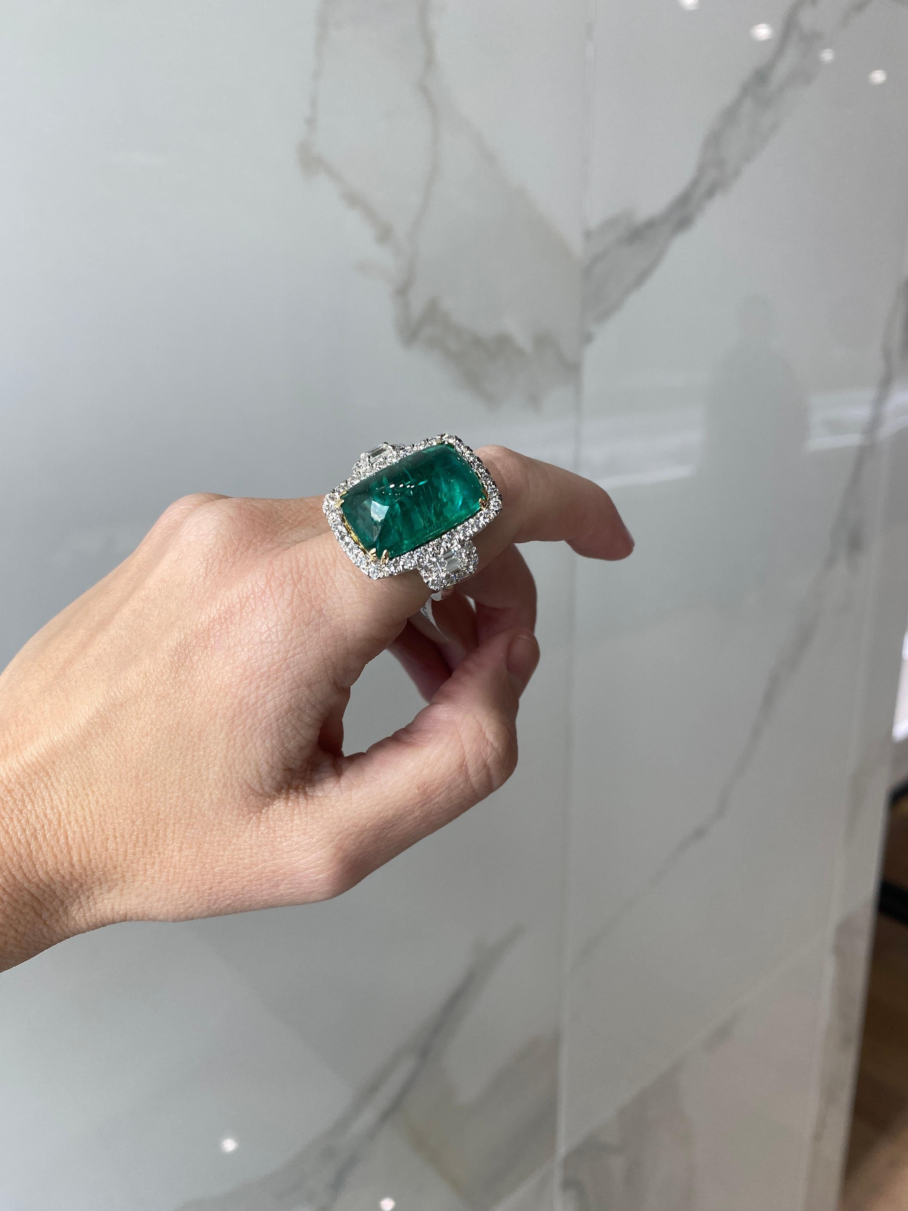 24.32 Carat Cabochon Emerald Cut Emerald & Diamond Cocktail Ring For Sale 5