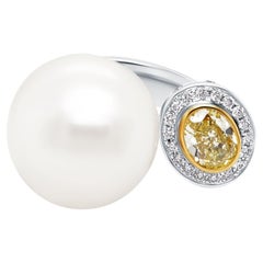 24.32 Carat South Sea Pearl & Certified Fancy Yellow Diamond Twin Ring 18K