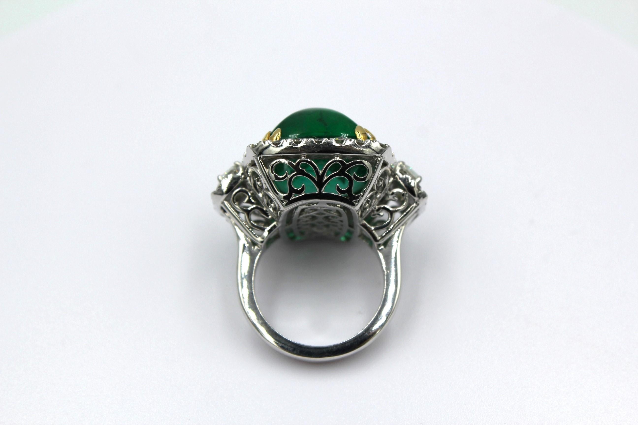Sugarloaf Cabochon 24.32 Carat Emerald Sugarloaf & Round Diamond Ring For Sale