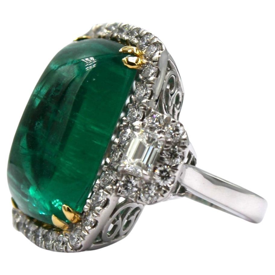 24.32 Carat Emerald Sugarloaf & Round Diamond Ring For Sale