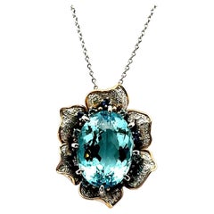 24.34 Carat Aquamarine Diamond Sapphire Platinum & 18k Yellow Gold Flower Pendan