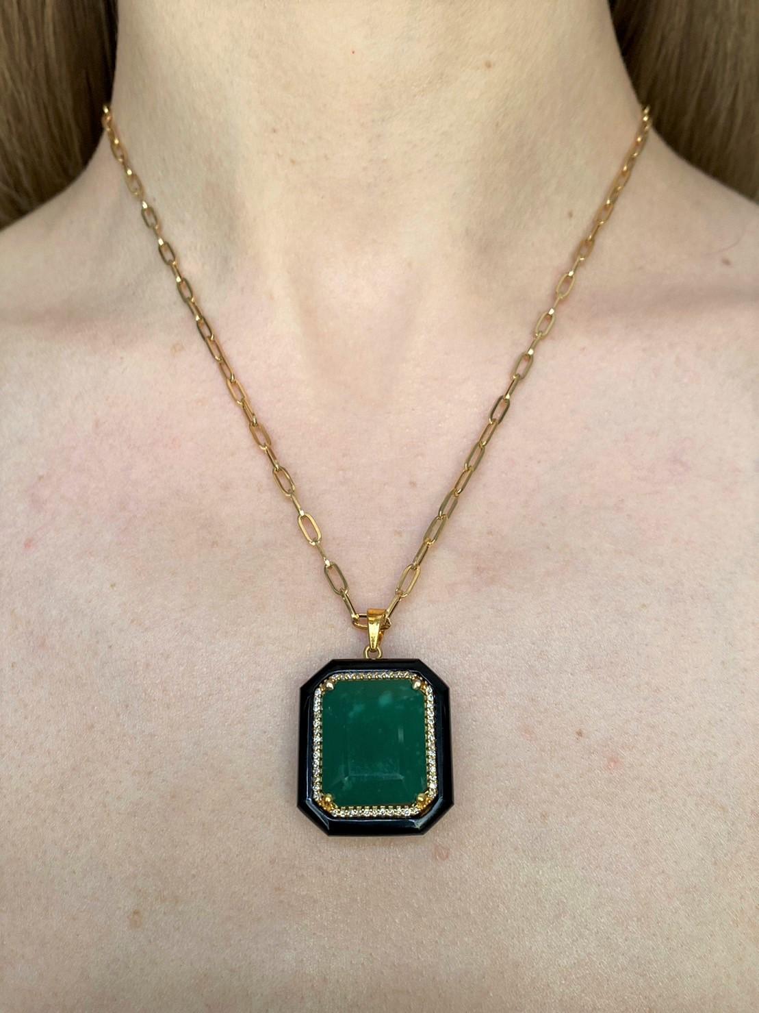 Art Deco 24.34 Carat Emerald, Black Onyx and Diamond Pendant For Sale