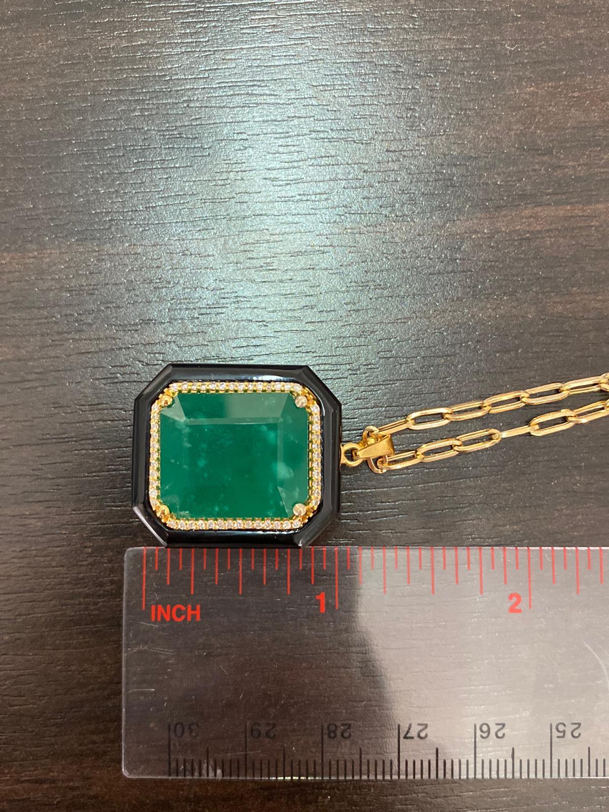 Emerald Cut 24.34 Carat Emerald, Black Onyx and Diamond Pendant For Sale