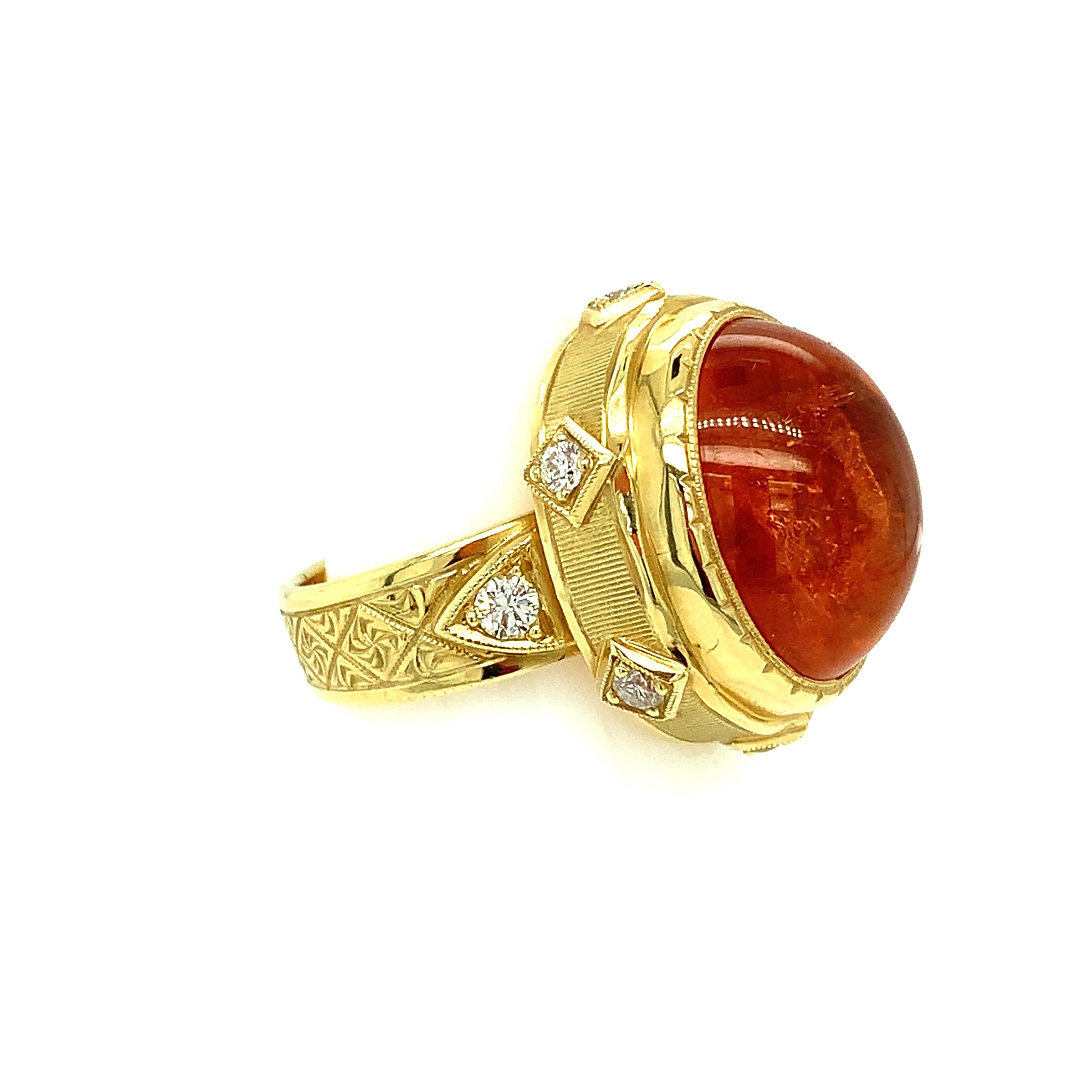 24.39 Carat Spessartite Garnet Cabochon and Diamond, 18k Yellow Gold Ring In New Condition For Sale In Los Angeles, CA