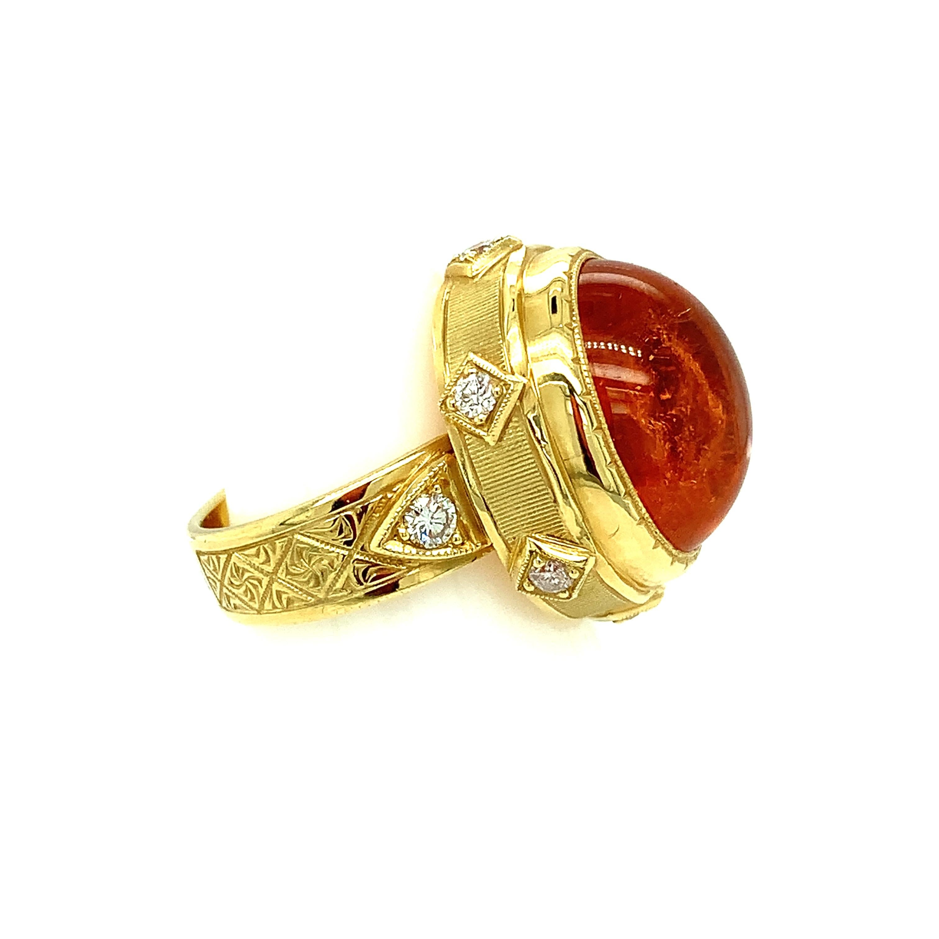 Women's or Men's 24.39 Carat Spessartite Garnet Cabochon and Diamond, 18k Yellow Gold Ring For Sale