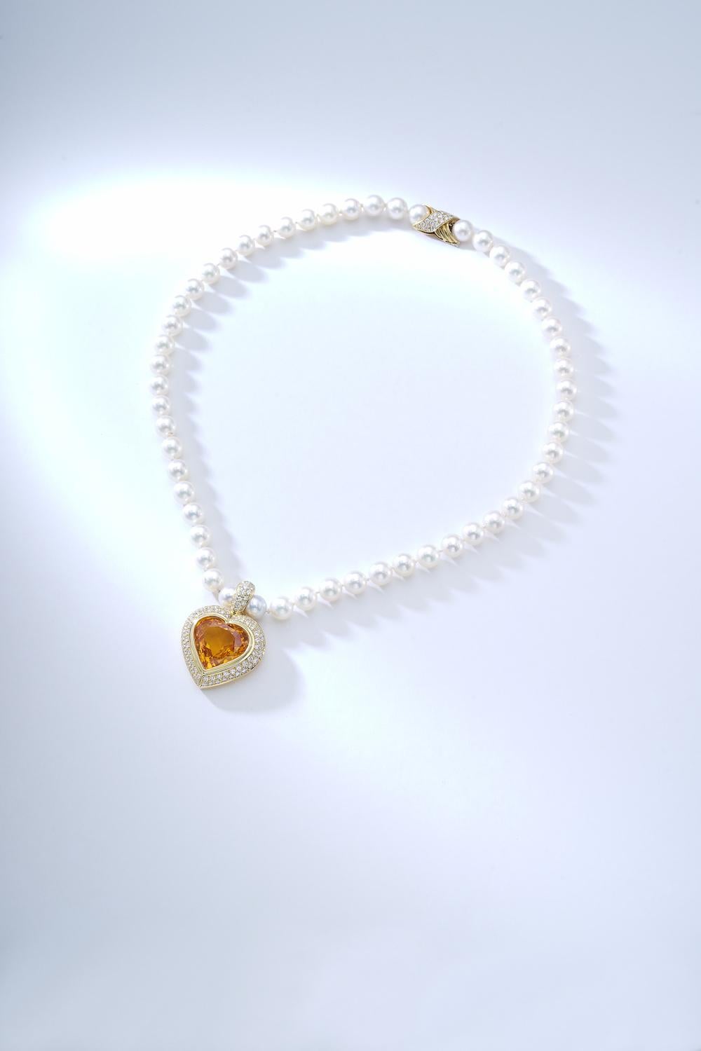 24.39 Carat Yellow Sapphire Heart Shape Diamond Gold Pearl Pendant Necklace In New Condition In Geneva, CH