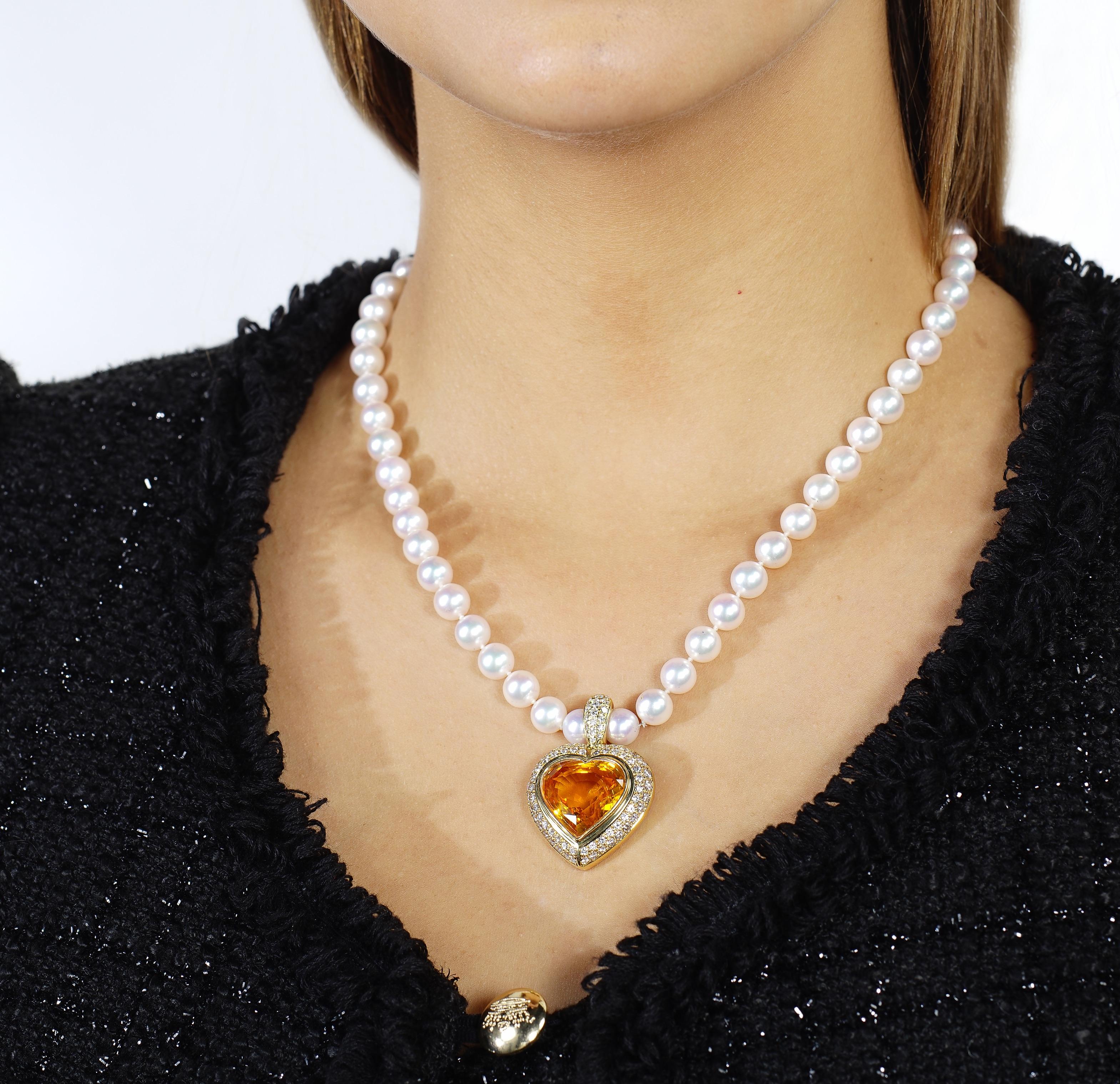 24.39 Carat Yellow Sapphire Heart Shape Diamond Gold Pearl Pendant Necklace 1