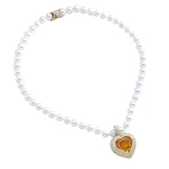 24.39 Carat Yellow Sapphire Heart Shape Diamond Gold Pearl Pendant Necklace