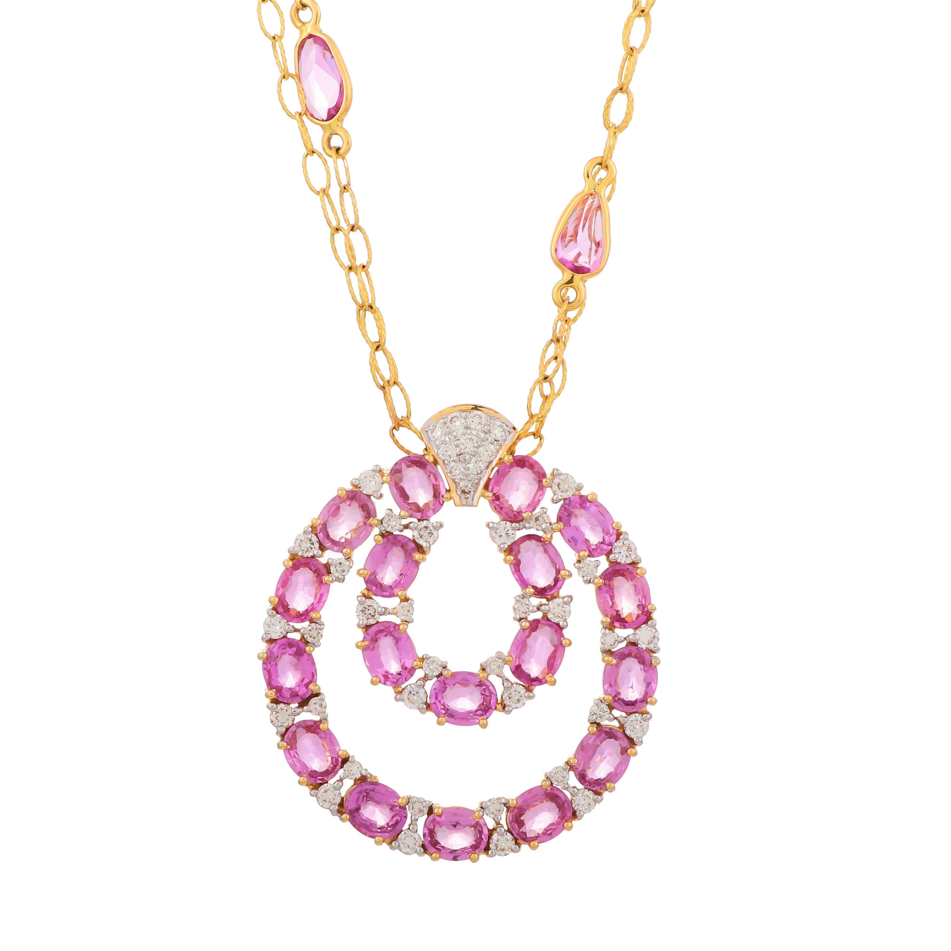 24.39 Carats Pink Sapphire and Diamond 18kt Yellow Gold Necklace For Sale  at 1stDibs
