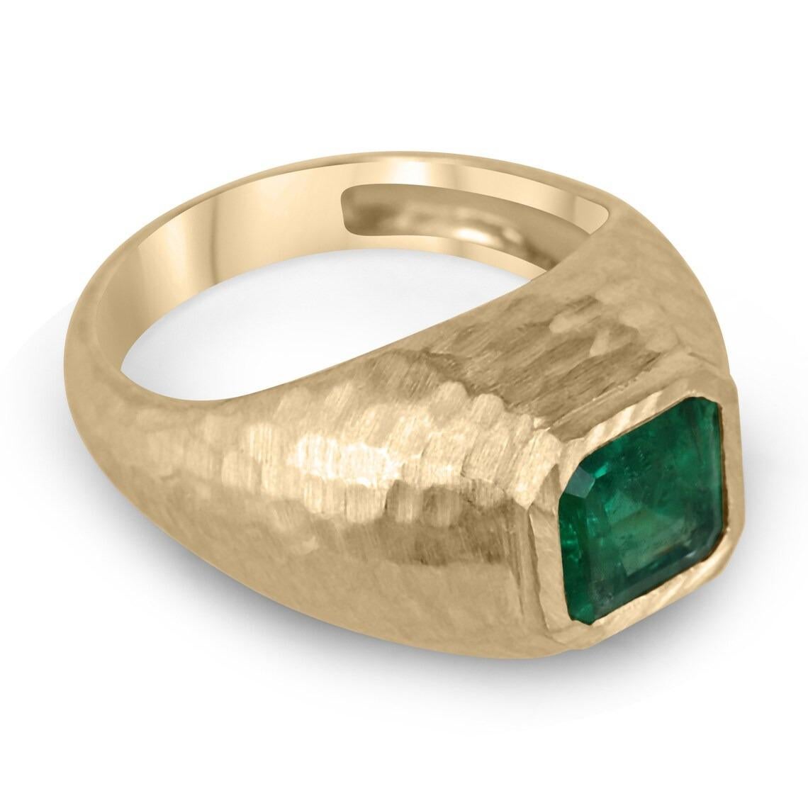 A gorgeous and chunky solitaire emerald ring. This luminous piece features a 2.43-carat, natural Zambian asscher cut emerald with remarkable characteristics such as its lush dark green color, excellent-very good luster, and very good eye clarity.