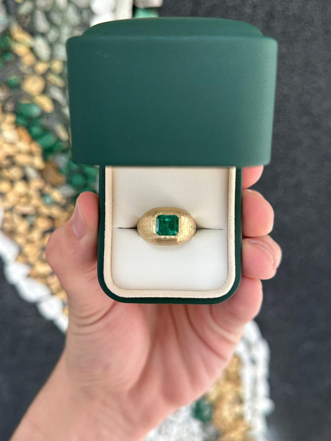2.43ct 14K Dark Green Asscher Cut Emerald Matter Hammer Gold Finish Gypsy Ring In New Condition For Sale In Jupiter, FL