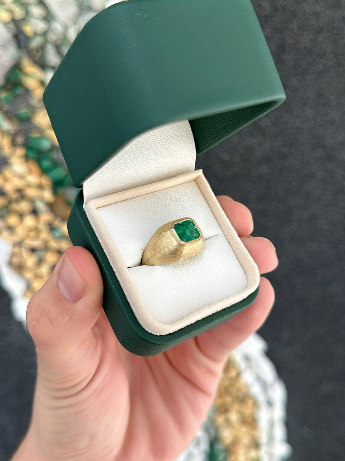 Men's 2.43ct 14K Dark Green Asscher Cut Emerald Matter Hammer Gold Finish Gypsy Ring For Sale