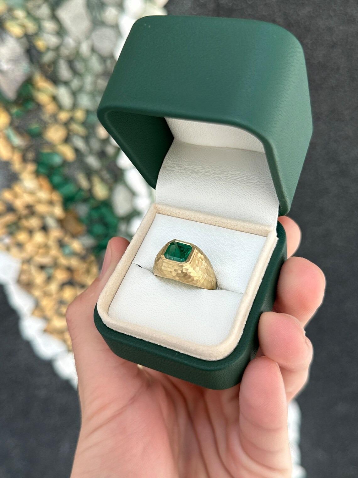 2.43ct 14K Dark Green Asscher Cut Emerald Matter Hammer Gold Finish Gypsy Ring For Sale 1