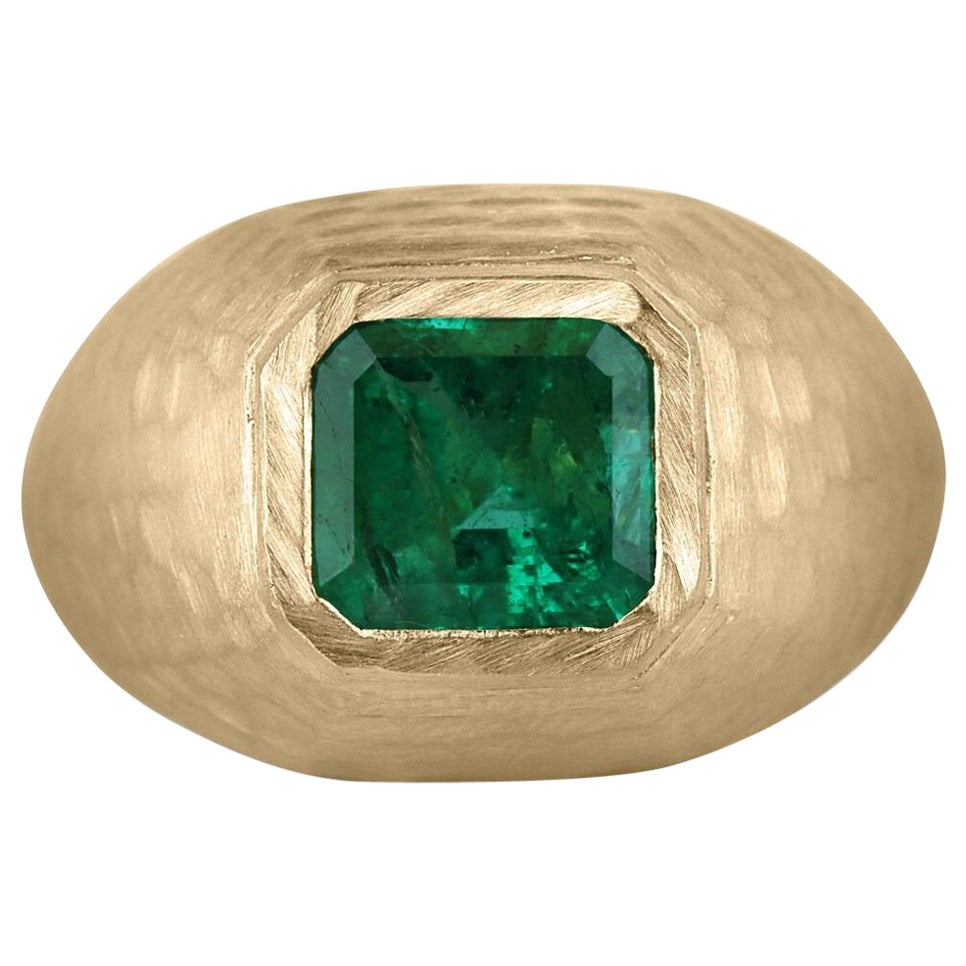 2.43ct 14K Dark Green Asscher Cut Emerald Matter Hammer Gold Finish Gypsy Ring For Sale