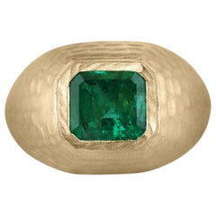 2.43ct 14K Dark Green Asscher Cut Emerald Matter Hammer Gold Finish Gypsy Ring