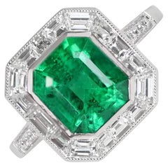 2.43ct Emerald Cut Emerald Engagement Ring, Diamond Halo, Platinum
