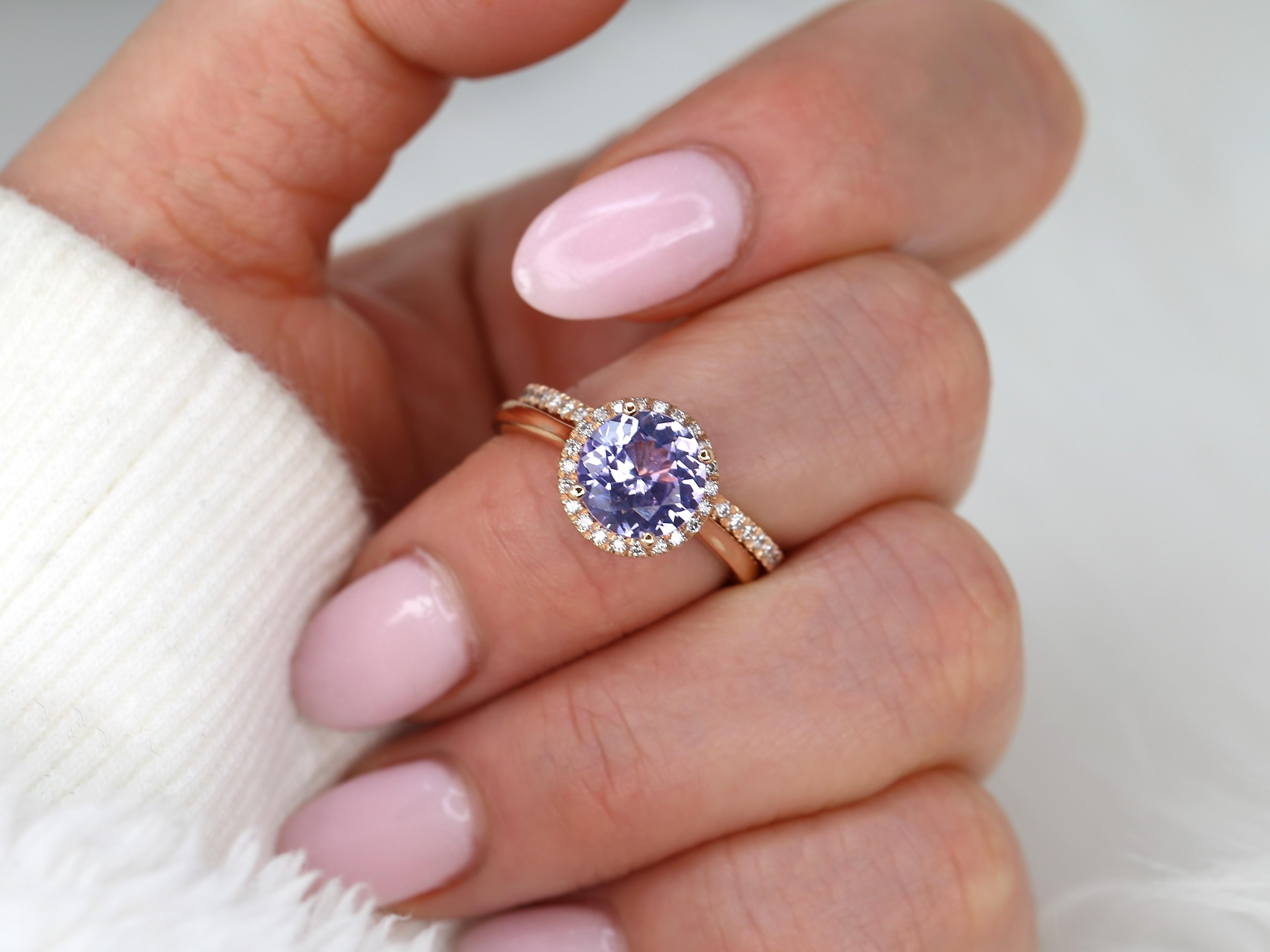 2.43cts Shannon 14kt Rose Gold Purple Sapphire Diamond Round Halo Bridal Set For Sale 4