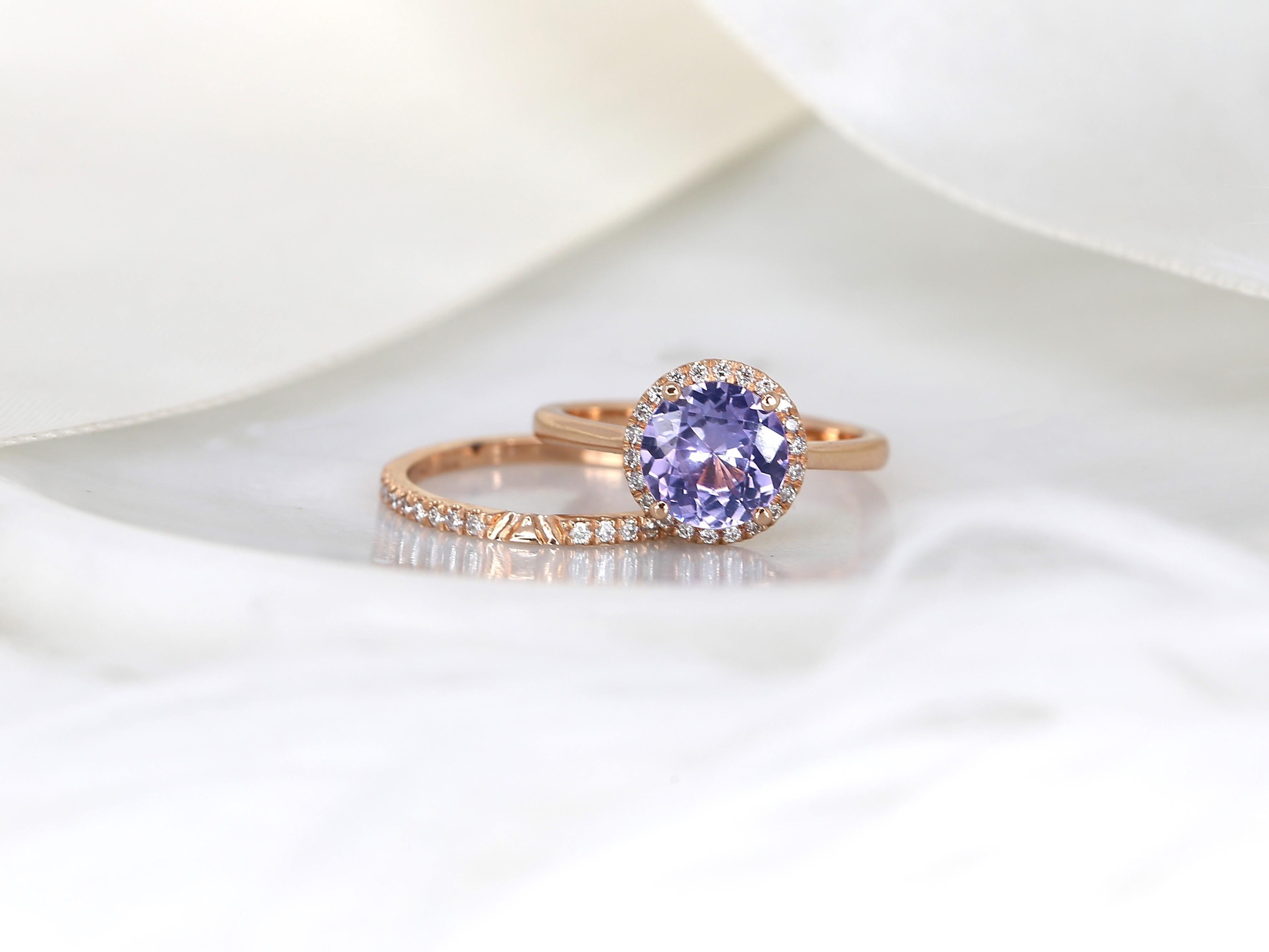 2.43cts Shannon 14kt Rose Gold Purple Sapphire Diamond Round Halo Bridal Set For Sale 5