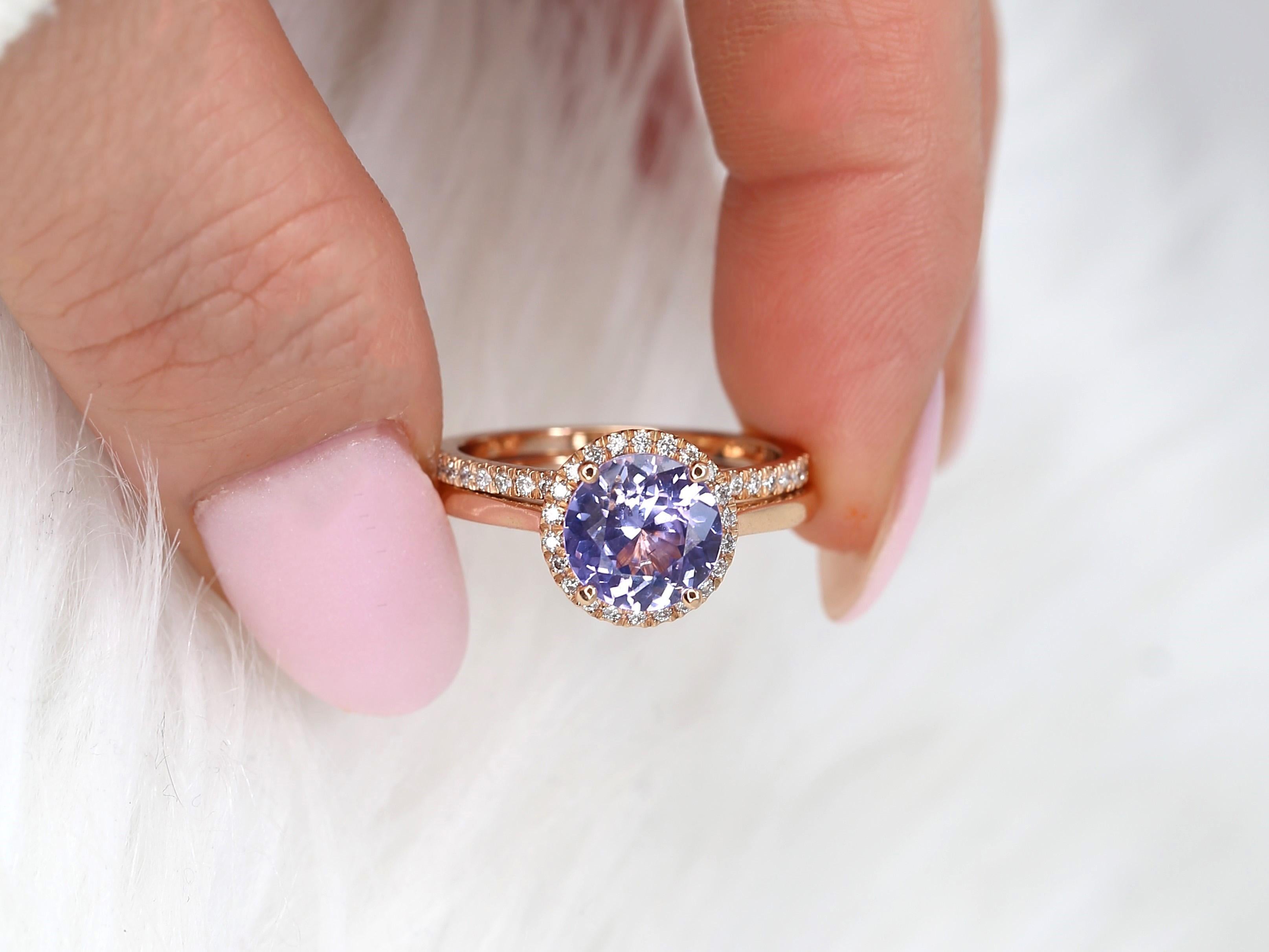 Modern 2.43cts Shannon 14kt Rose Gold Purple Sapphire Diamond Round Halo Bridal Set For Sale