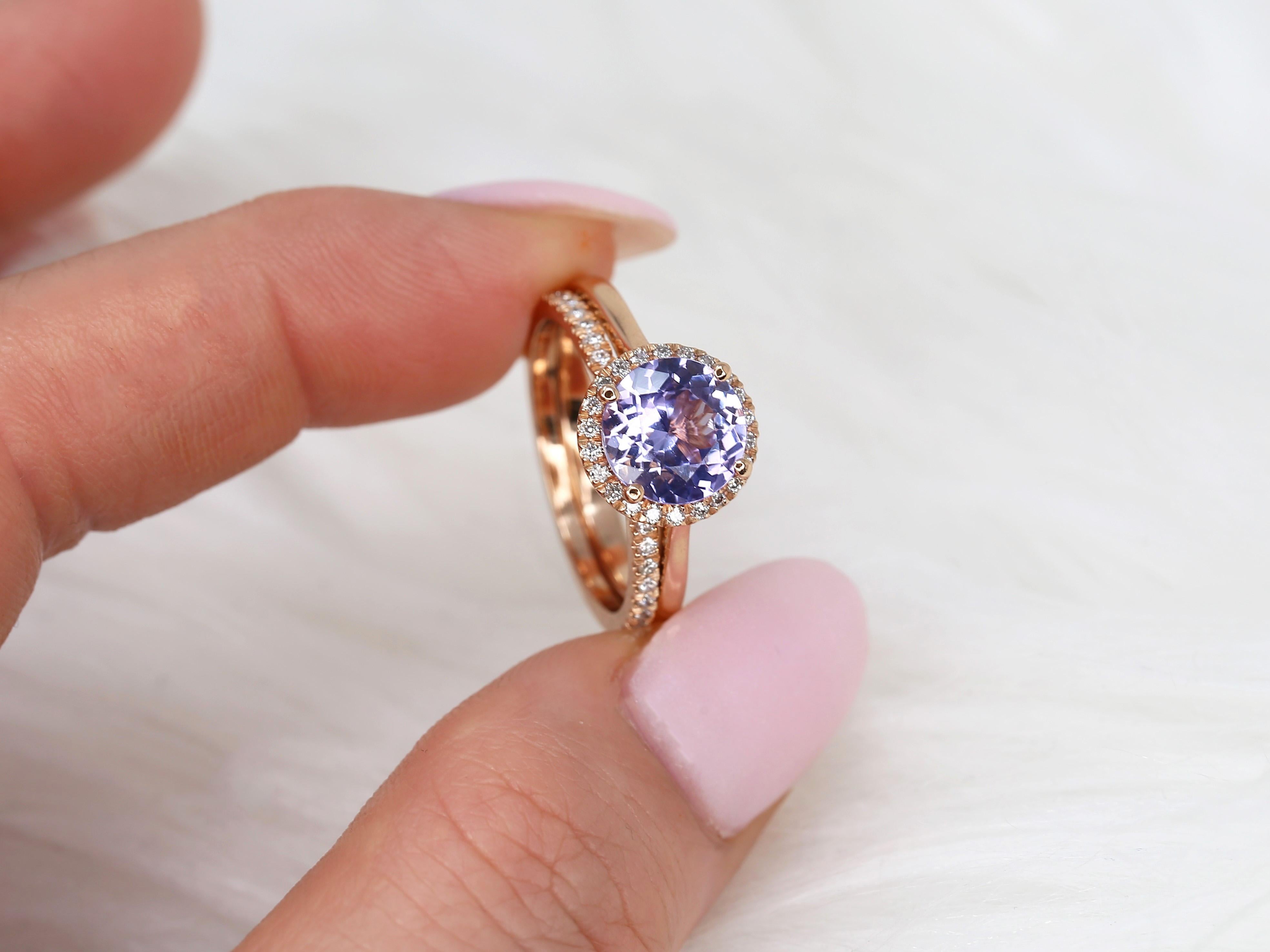 Round Cut 2.43cts Shannon 14kt Rose Gold Purple Sapphire Diamond Round Halo Bridal Set For Sale