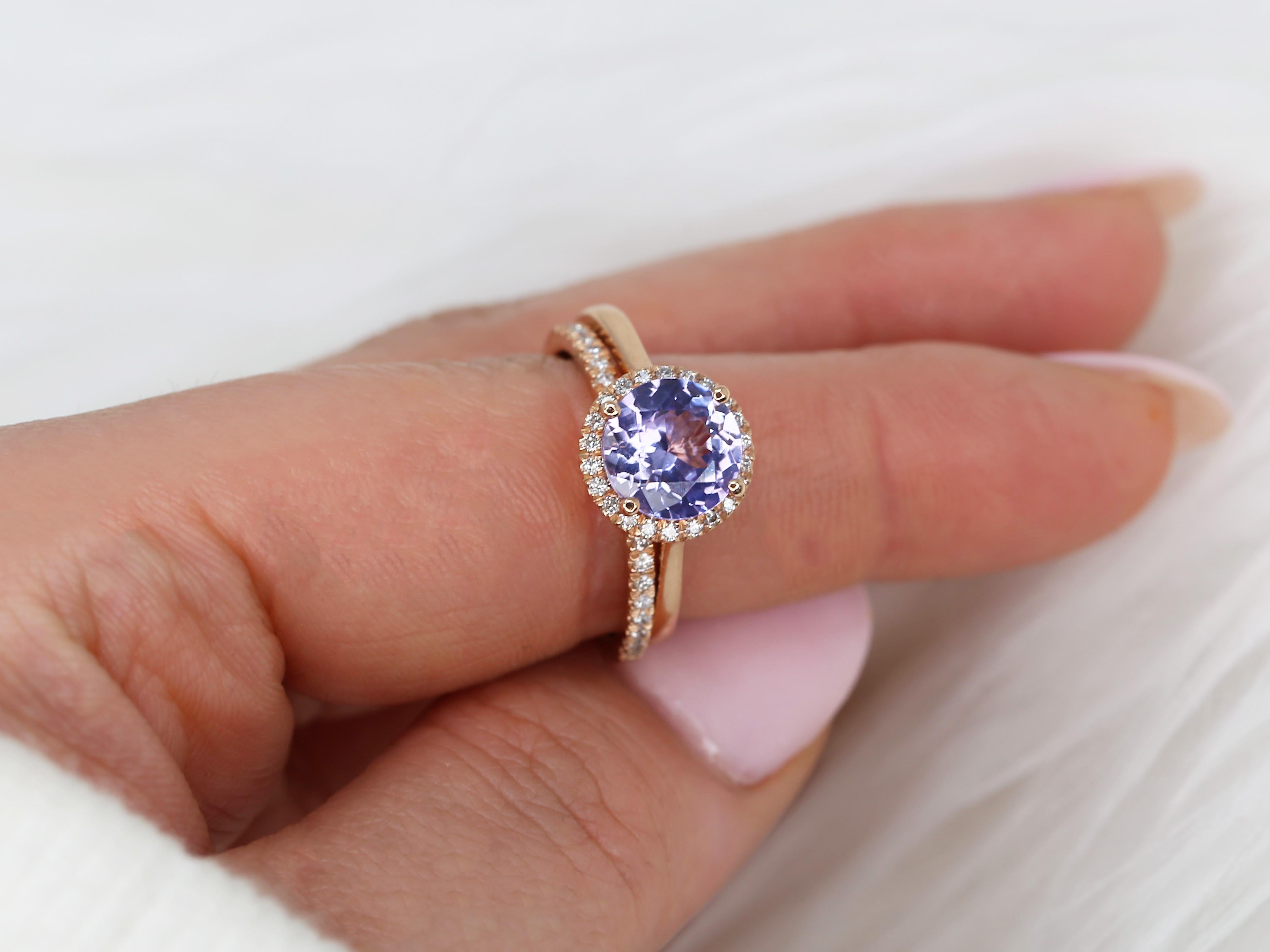 2.43cts Shannon 14kt Rose Gold Purple Sapphire Diamond Round Halo Bridal Set In New Condition For Sale In Chicago, IL