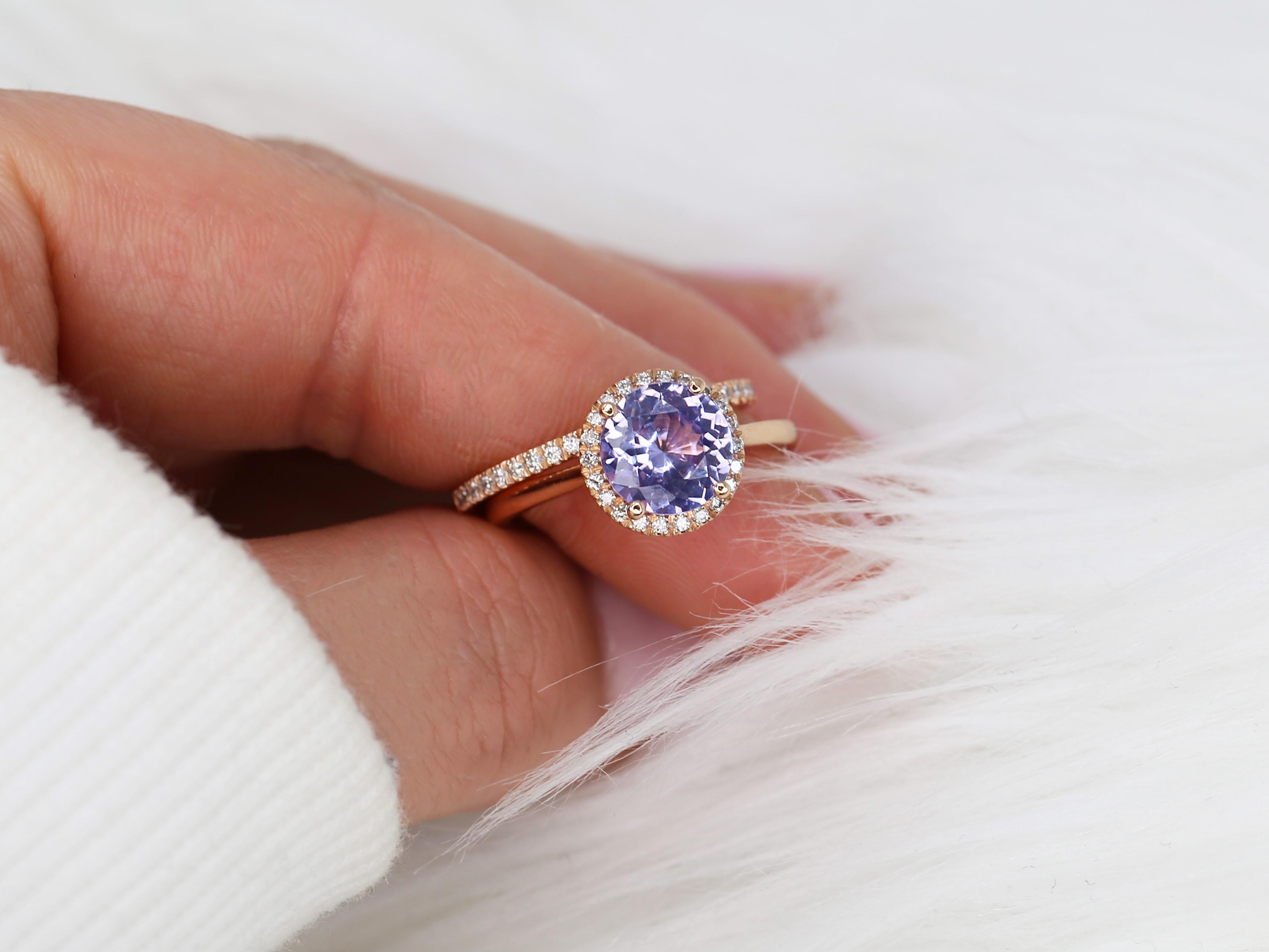 Women's or Men's 2.43cts Shannon 14kt Rose Gold Purple Sapphire Diamond Round Halo Bridal Set For Sale