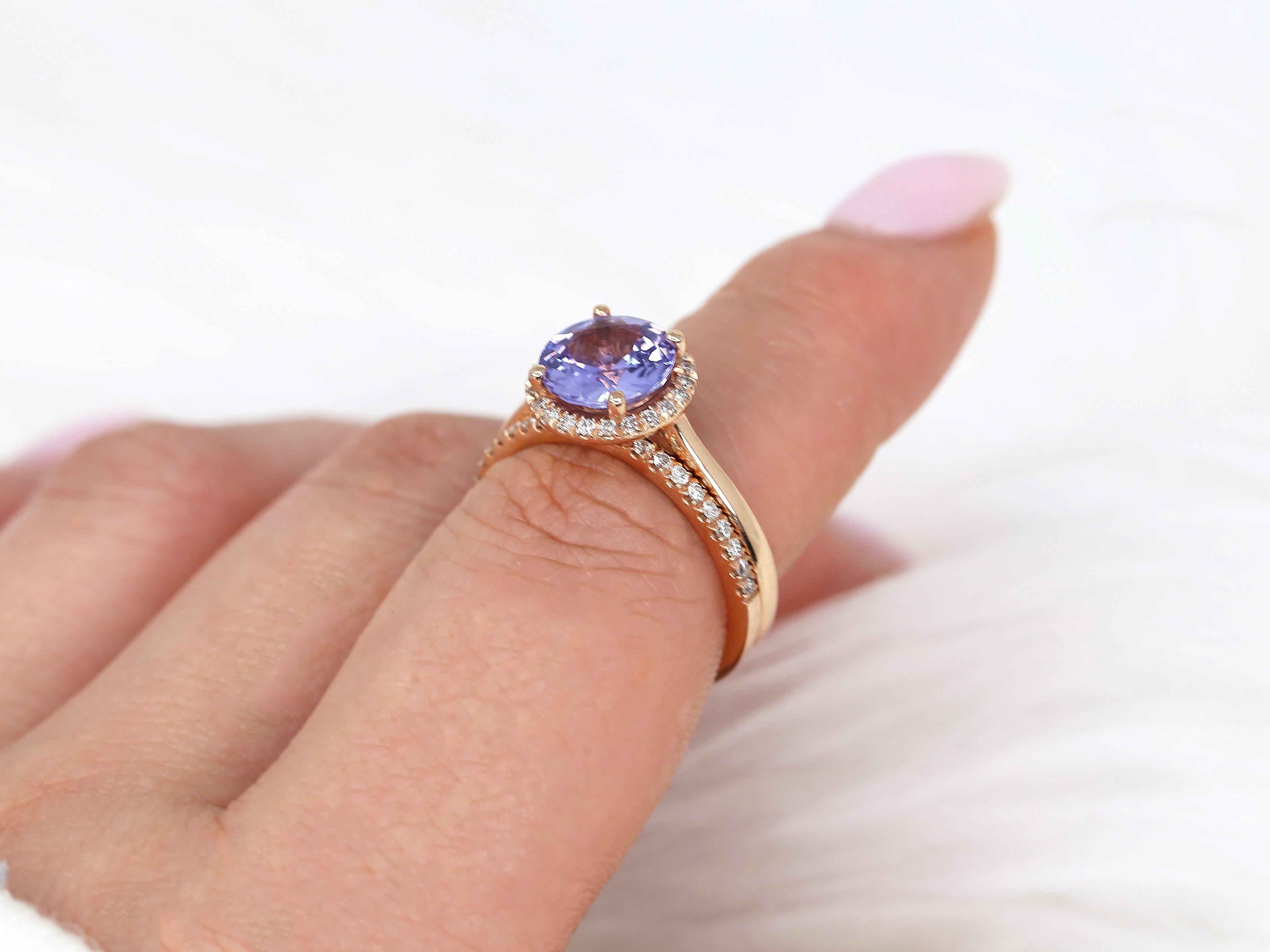 2.43cts Shannon 14kt Rose Gold Purple Sapphire Diamond Round Halo Bridal Set For Sale 1