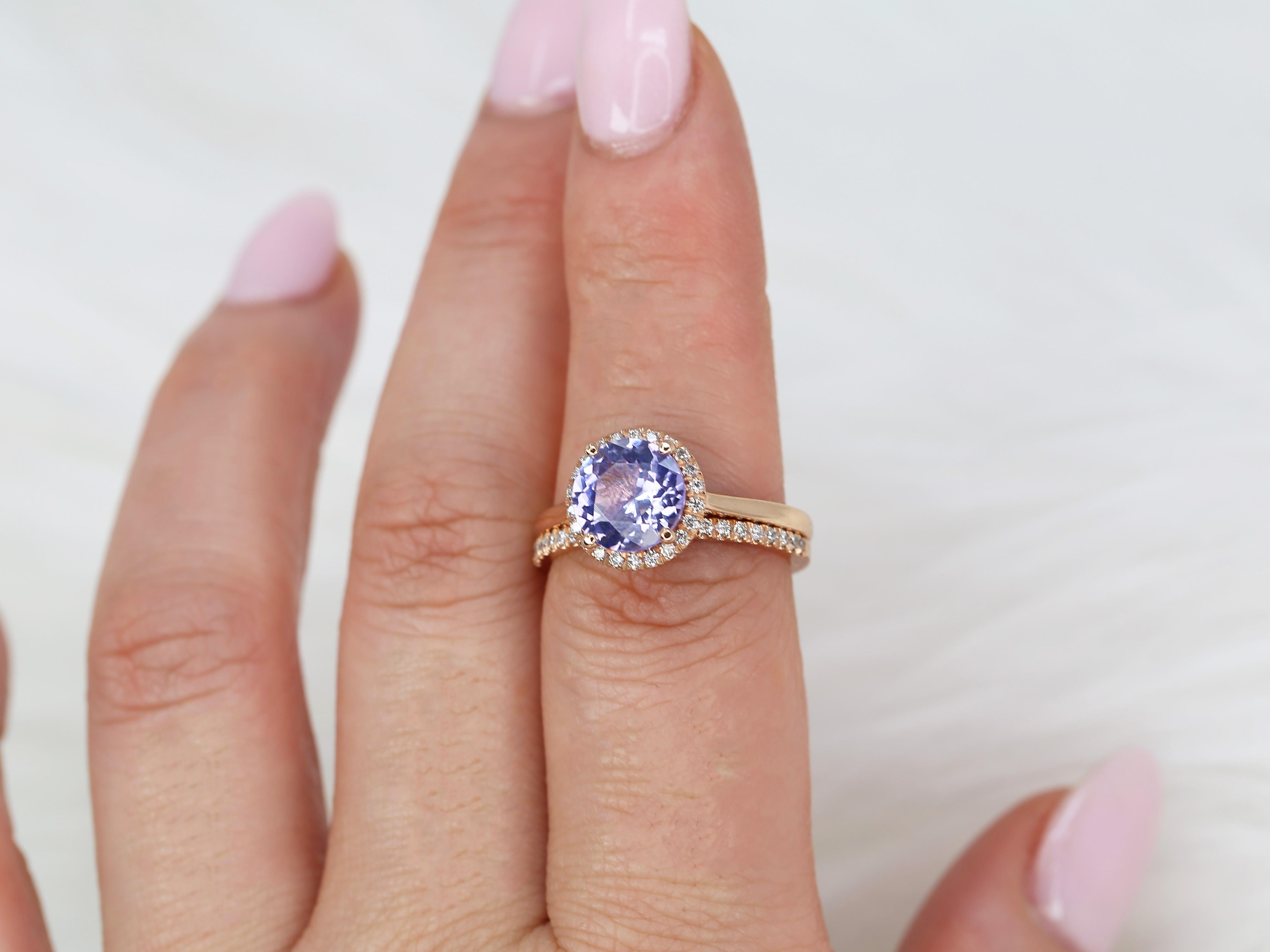 2.43cts Shannon 14kt Rose Gold Purple Sapphire Diamond Round Halo Bridal Set For Sale 2