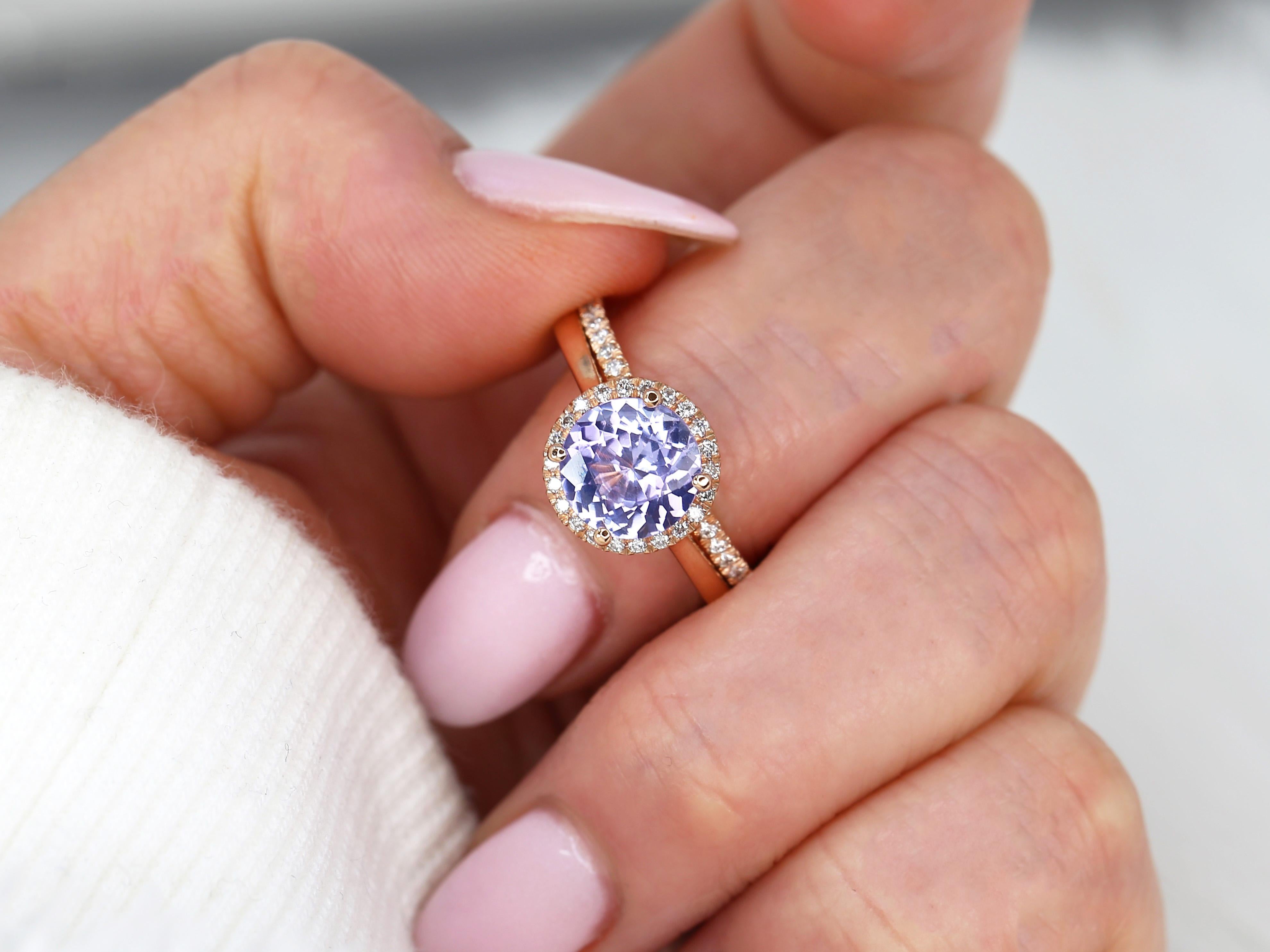 2.43cts Shannon 14kt Rose Gold Purple Sapphire Diamond Round Halo Bridal Set For Sale 3