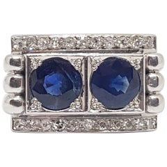 2.44 Carat 18 Karat White Gold Antique Art Deco Diamond Sapphire Ring