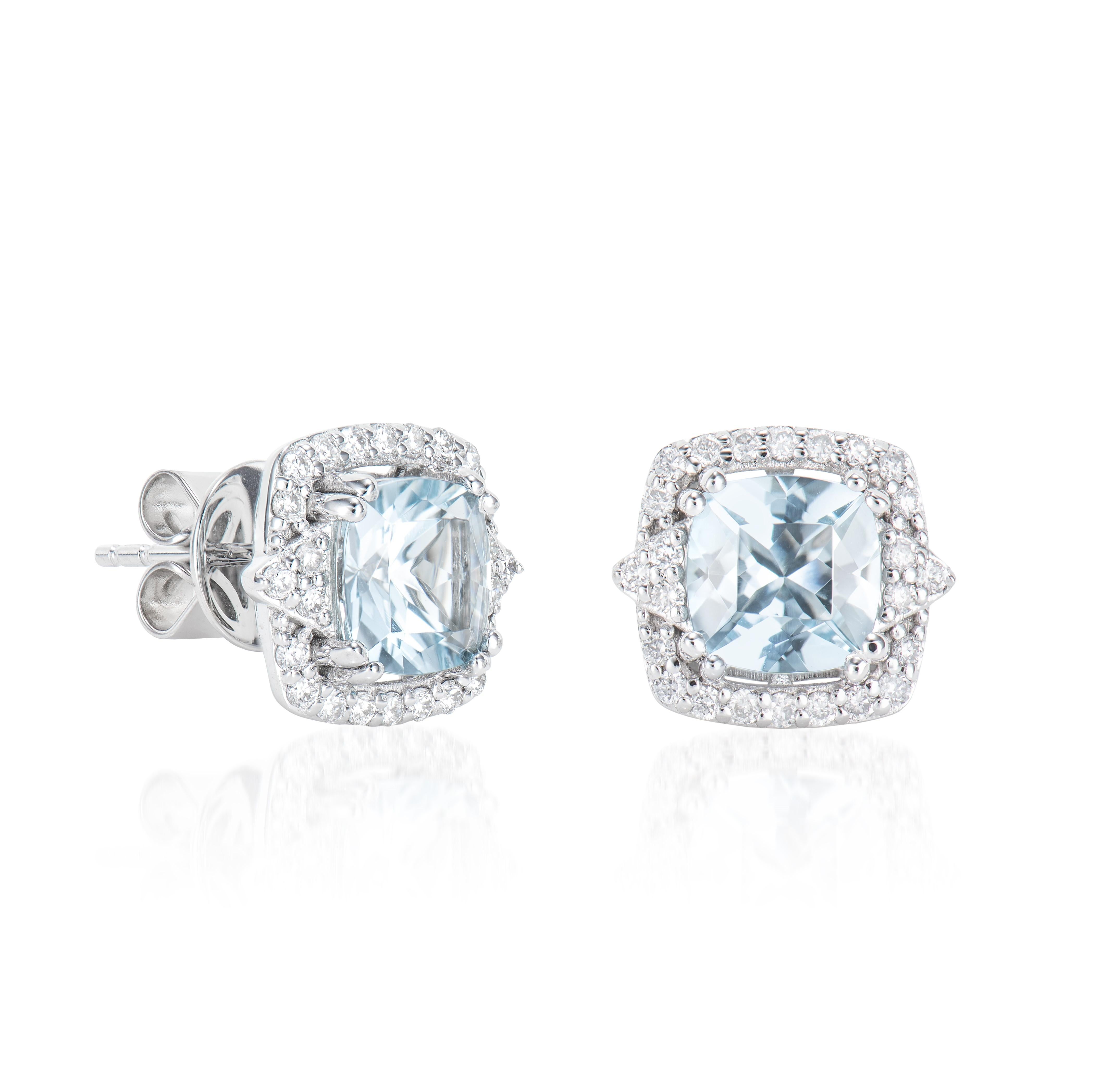 This collection features an array of aquamarines with an icy blue hue that is as cool as it gets! Accented with White Diamonds these Stud Earrings are made in white gold and present a classic yet elegant look. 

Aquamarine Stud Earrings in 18Karat
