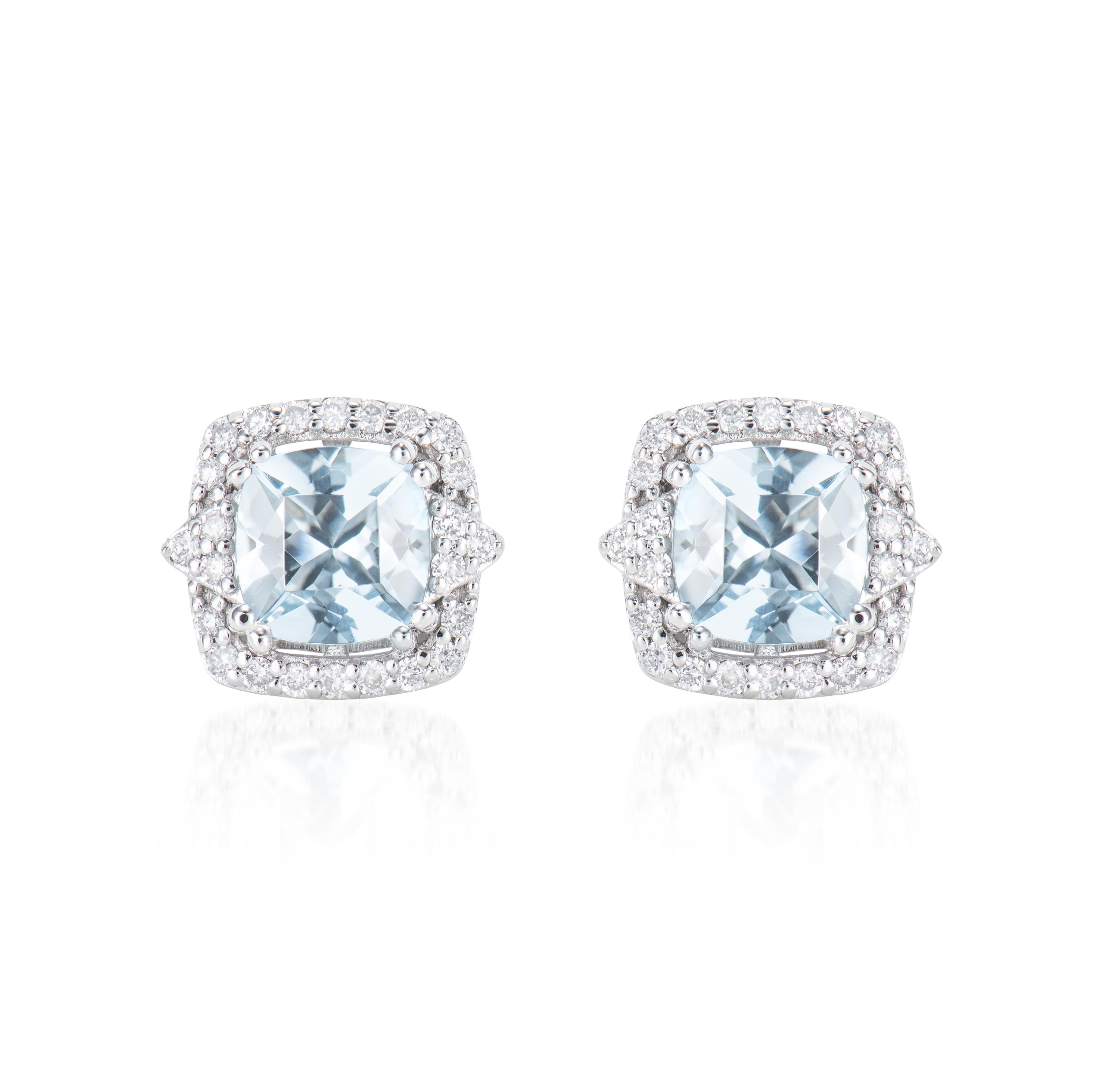 Contemporary 2.44 Carat Aquamarine Stud Earrings in 18 Karat White Gold with White Diamond For Sale