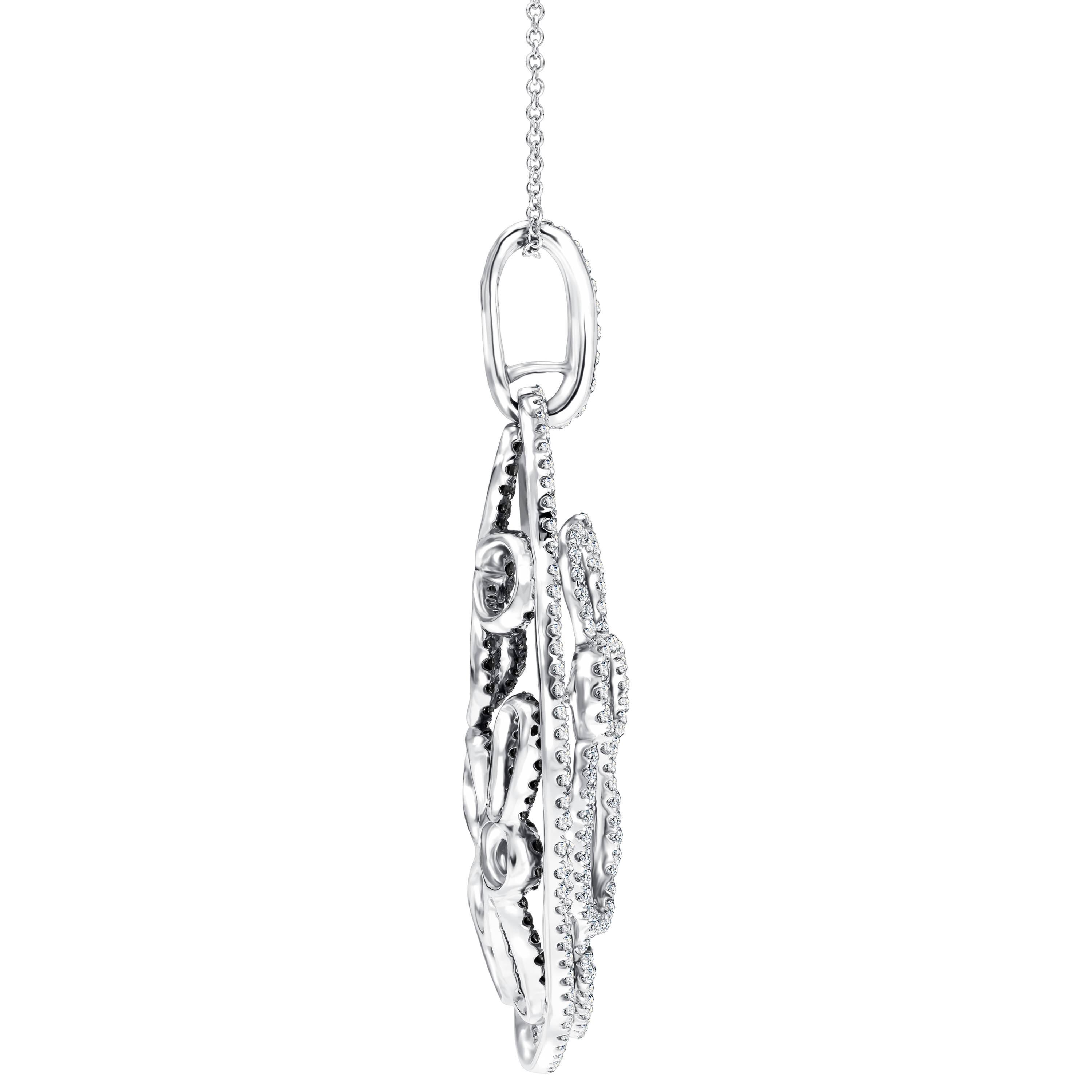 Modern 2.44 Carat Black & White Diamond Flower 18 Kt White Gold Pendant Chain Necklace For Sale