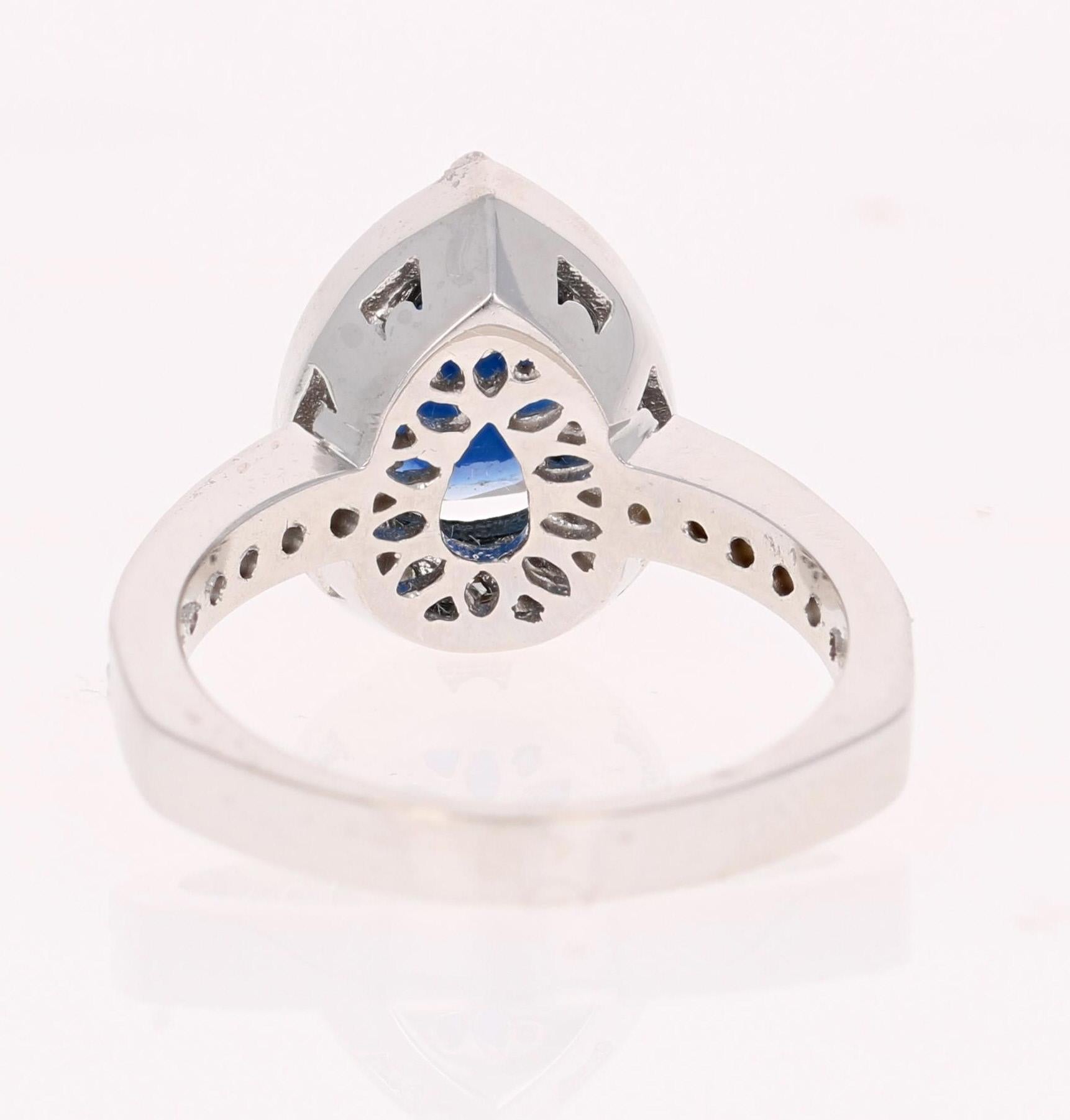 Pear Cut 2.44 Carat Blue Sapphire Diamond White Gold Engagement Ring