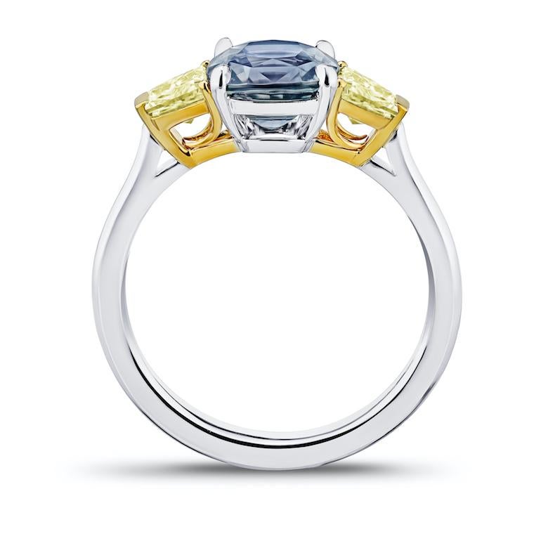 Contemporary 2.44 Carat Cushion Greenish Blue Sapphire and Diamond Platinum and 18k Ring For Sale