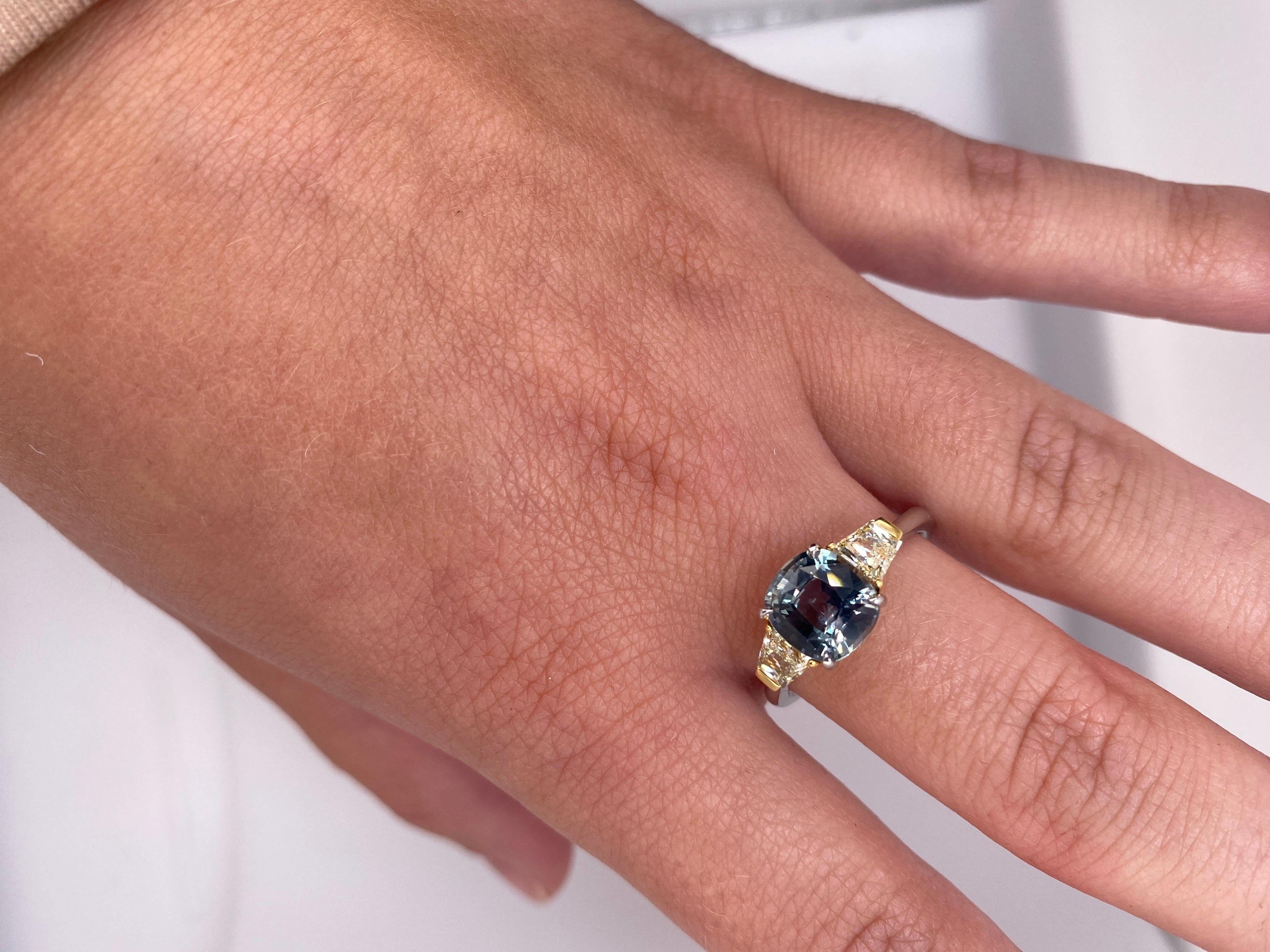 2.44 Carat Cushion Greenish Blue Sapphire and Diamond Platinum and 18k Ring In New Condition For Sale In New York, NY