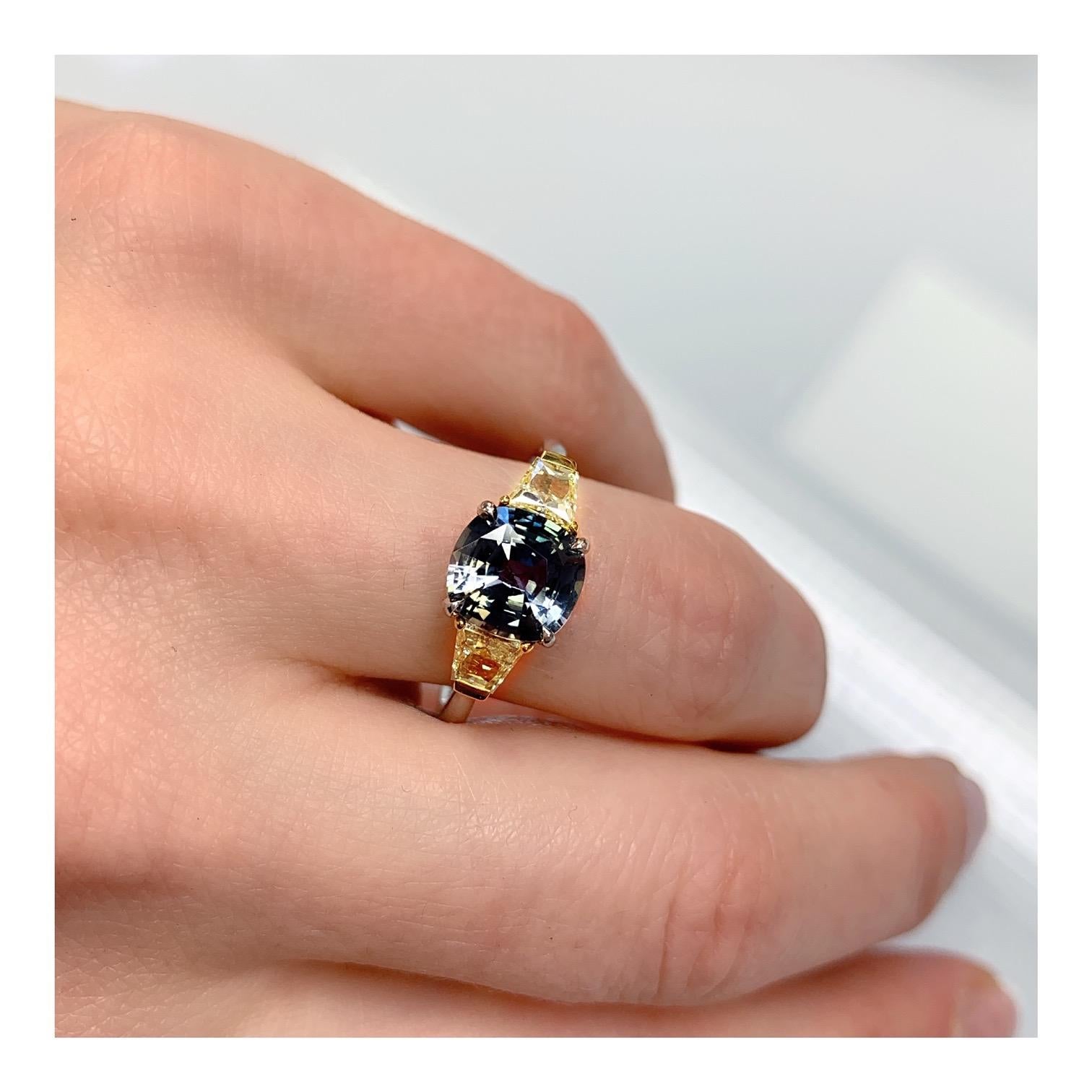 Women's 2.44 Carat Cushion Greenish Blue Sapphire and Diamond Platinum and 18k Ring For Sale