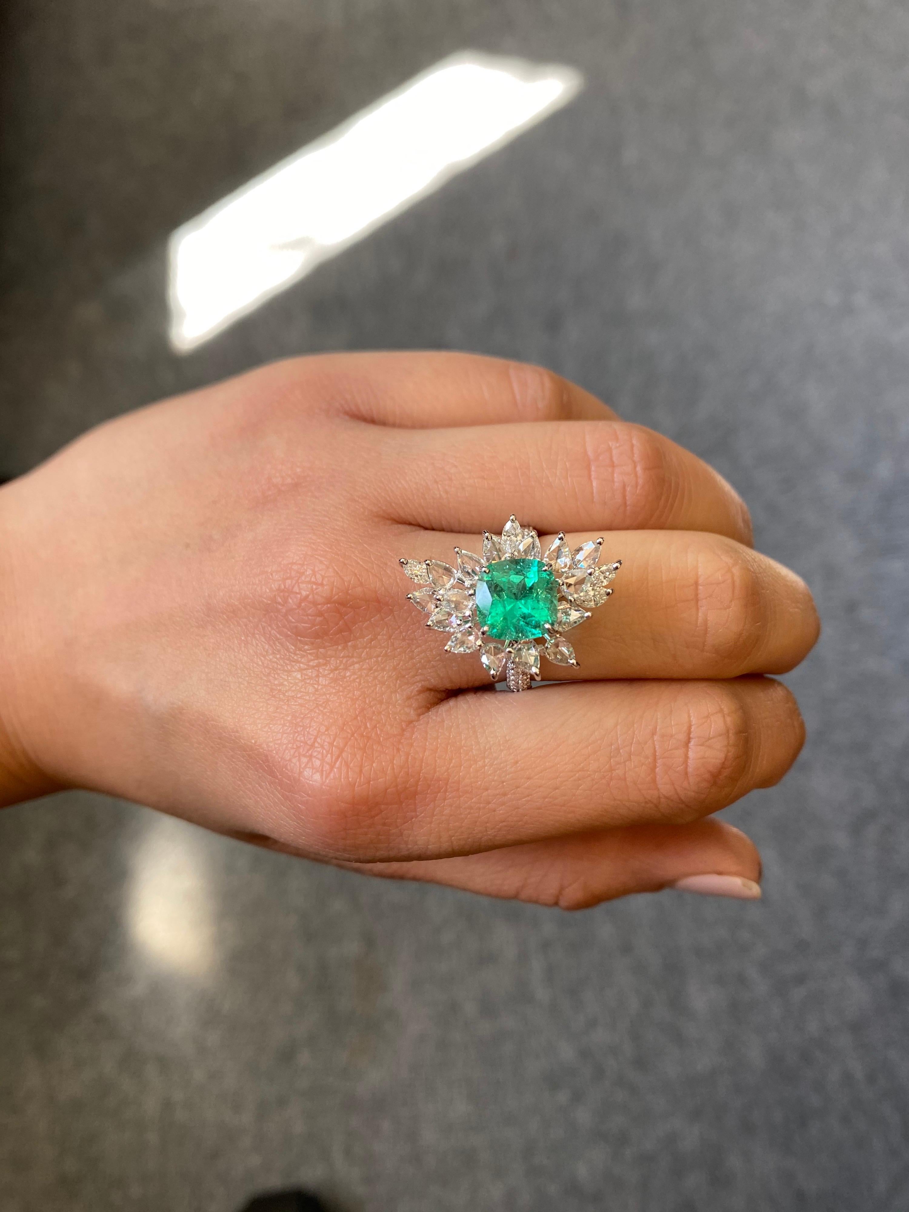 Art Deco 2.44 Carat Cushion, Shaped Colombian Emerald and Diamond Cocktail Ring